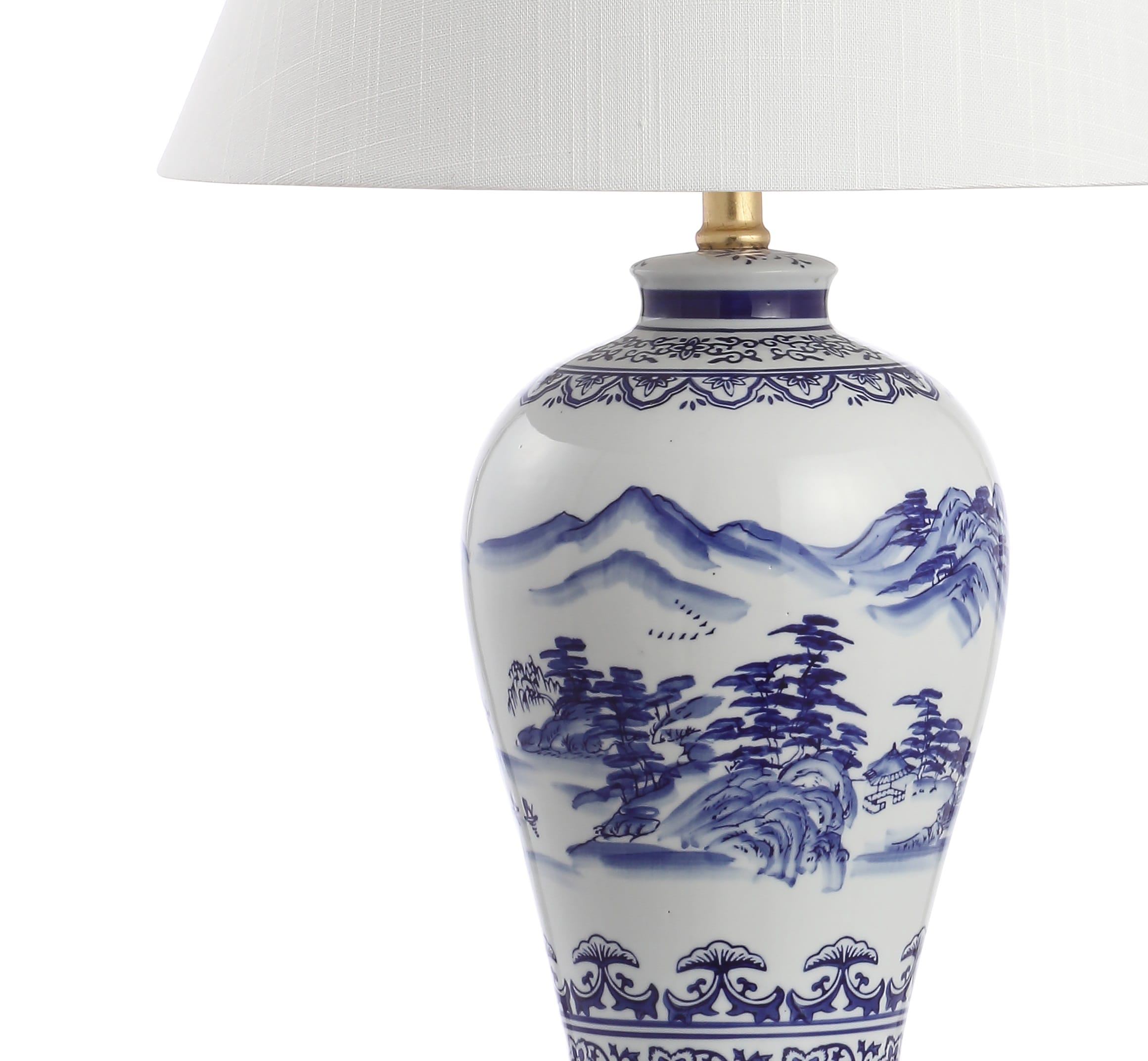 Traditional White and Blue Ceramic Table Lamp with Linen Shade