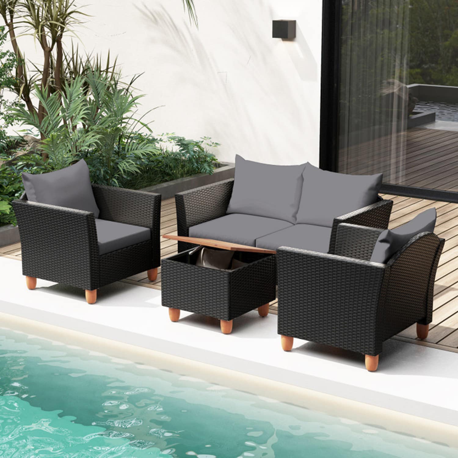 Mondawe MD-ST04AAG Rattan Outdoor Sectional with Gray Cushions and Acacia Frame