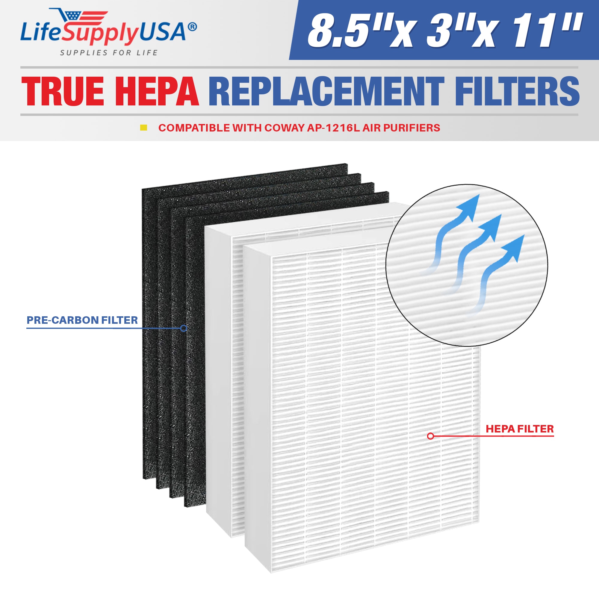 LifeSupplyUSA ER505-HD 3-Inches W x 11-Inches H x 8.5-Inches L Coway AP-1216L True HEPA Air Purifier Filter