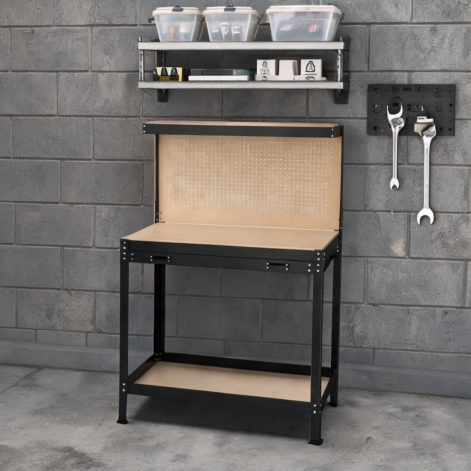 SunJet Storage Cabinet in Black Steel 63 in with 63-Inch Height Pegboard Black-Toned Steel Workbench