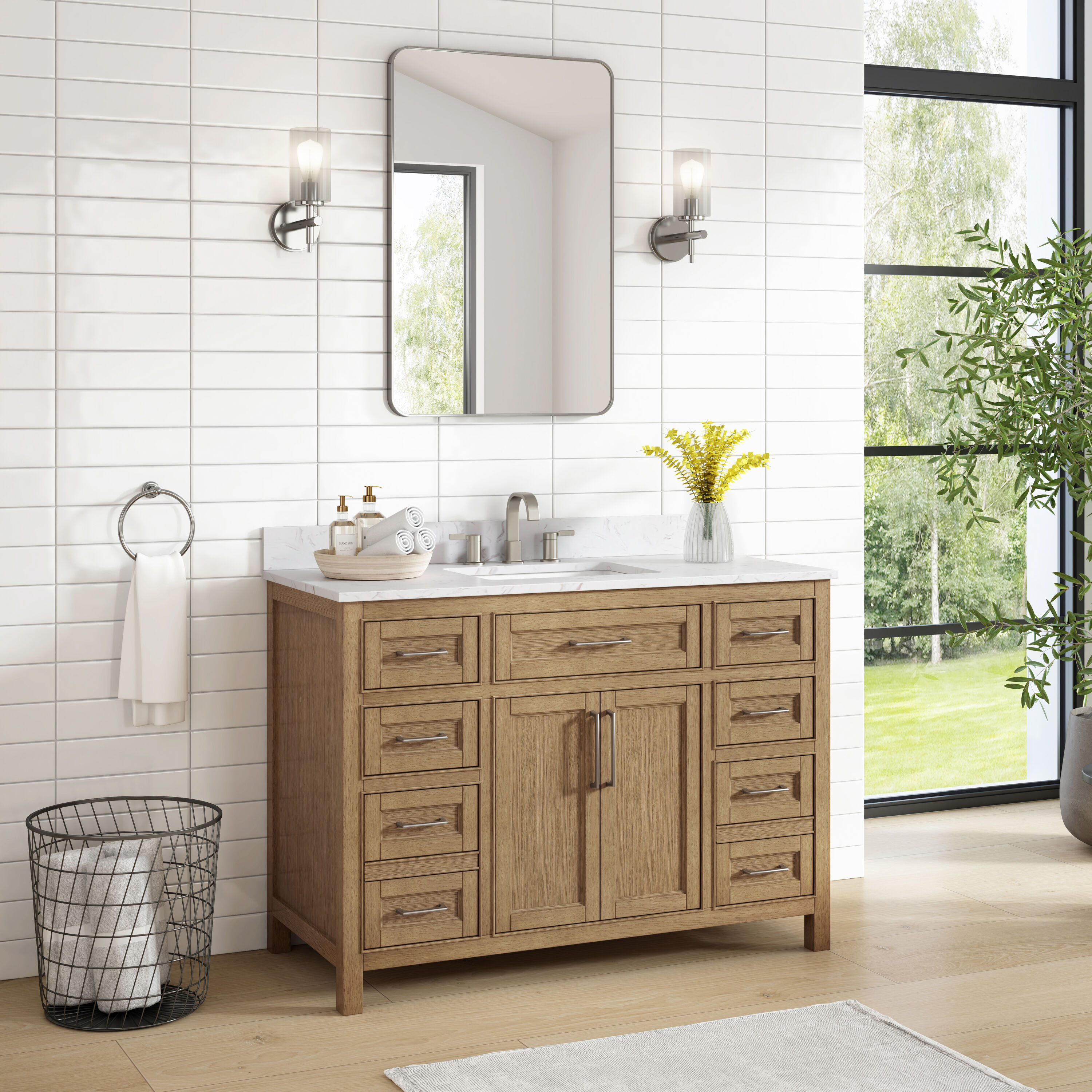 allen + roth Connery 48-in Warm Oak Undermount Single Sink Bathroom Vanity with White Engineered Stone Top