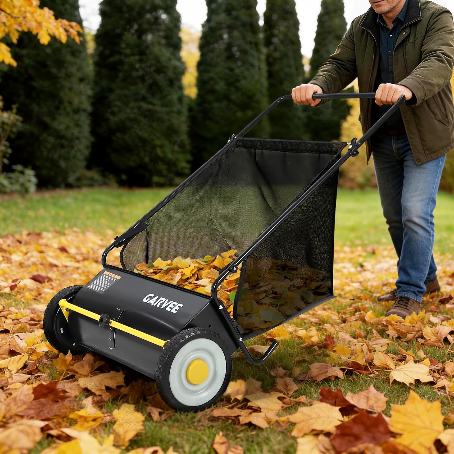 IdealHouse 21 Inch Push Lawn Sweeper 3.5 Cu Ft Hopper Capacity Grass Sweeper Manual Push Yard Sweeper with Height Adjustment and 4 Fast Spinning Brushes for Grass Clippings Leaves and Debris Black #JJ-GKTJ7LOBNPA5