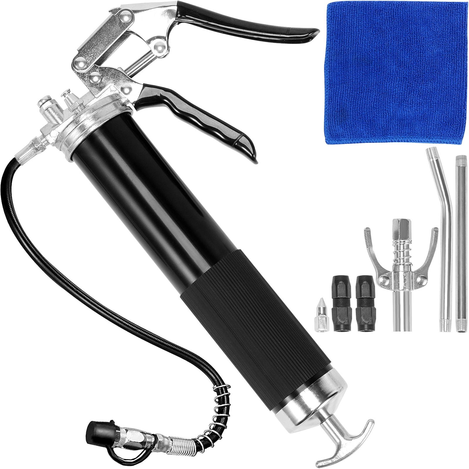 VEVOR SCSDHYQZXSQS01618V0 Pistol Grip Grease Gun  6000 PSI  14 OZ / 400 CC Capacity Heavy Duty Professional Grease Gun  with 19.69 Inch Flexible Hose 2 Black Flat Couplers  1 Pointed Coupler  and 2 Rigid Metal Pipe