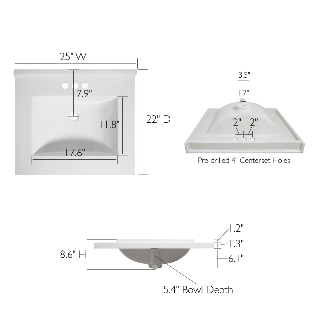 25-Inch Solid White Cultured Marble Vanity Top with Backsplash