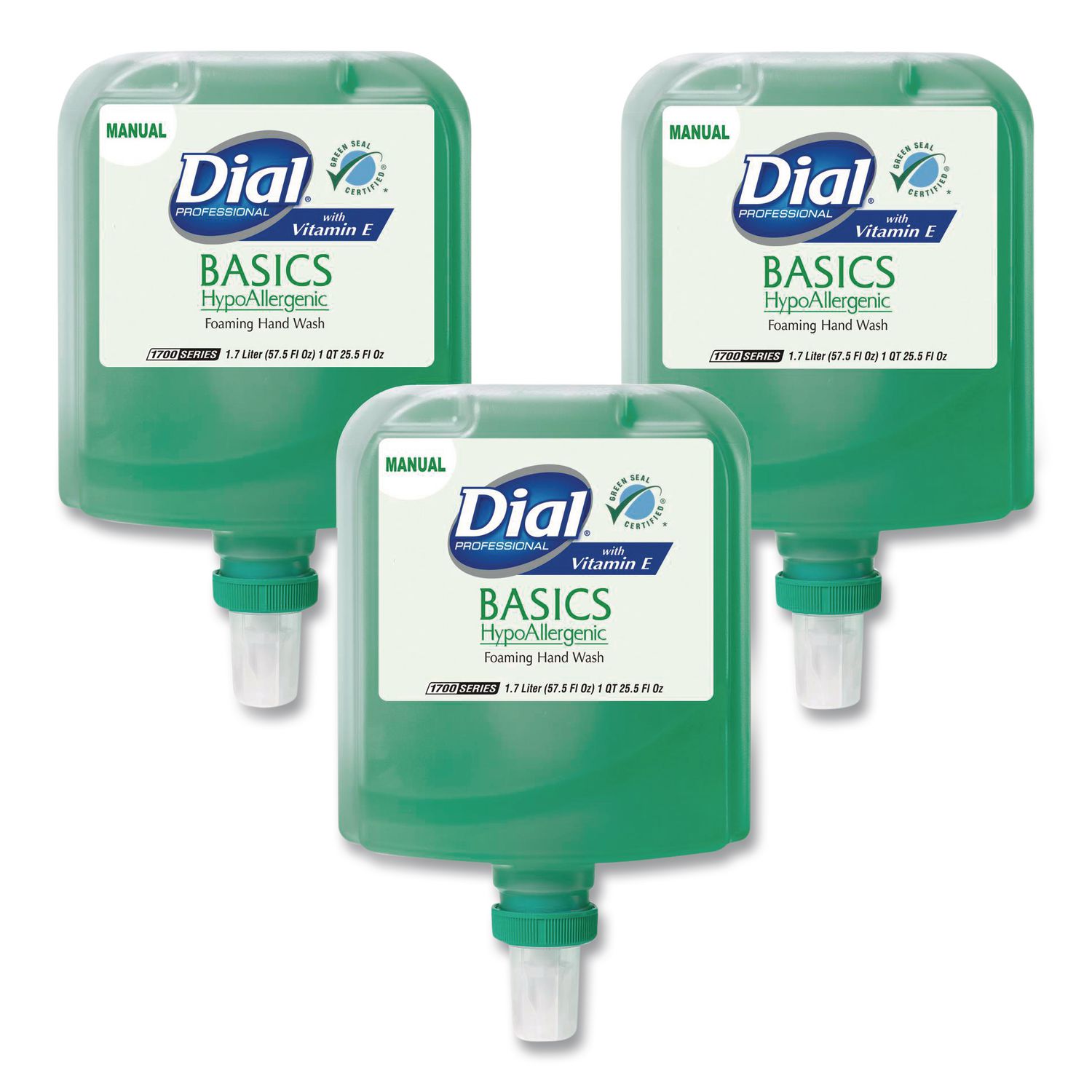 Dial Basics Hypoallergenic Foaming Hand Wash Refill for 1700 Dispenser with Vitamin E Honeysuckle Scent 1.7 L 3/Carton