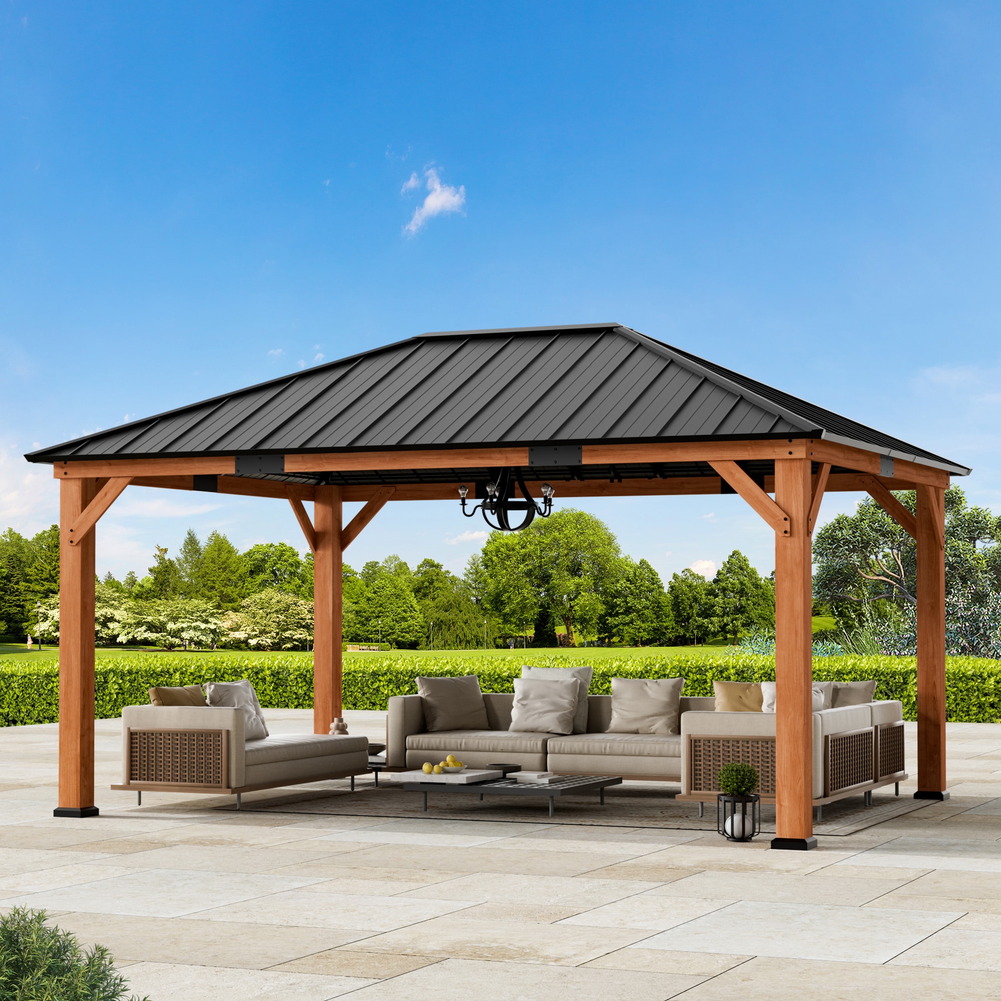 ELEVATE OUTDOORS IG10600047-1216 16-ft x 12-ft Arbor Brown Gazebo with Hardtop Roof