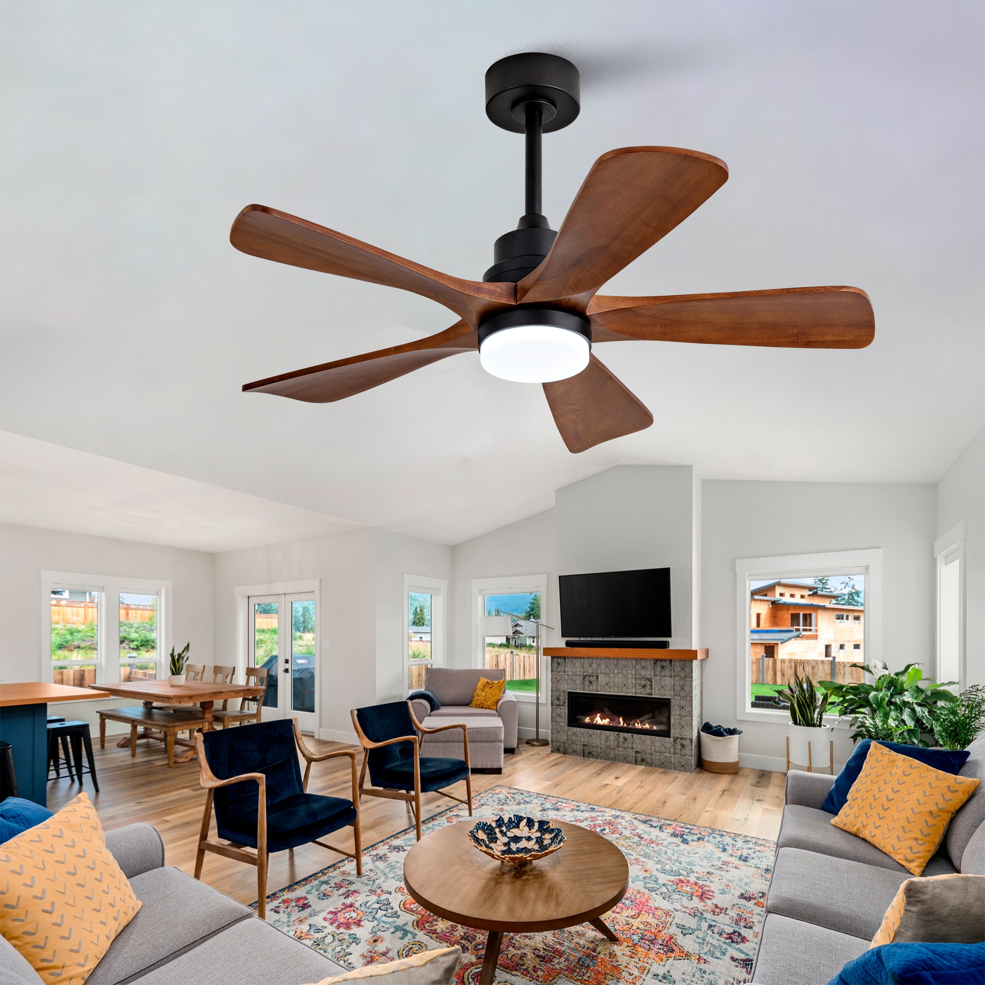 JUSHUA 42 Inch Outdoor Ceiling Fan with Lights and Remote Light and 5 Blades Noiseless Reversible DC Motor Wood Fan for Farmhouse