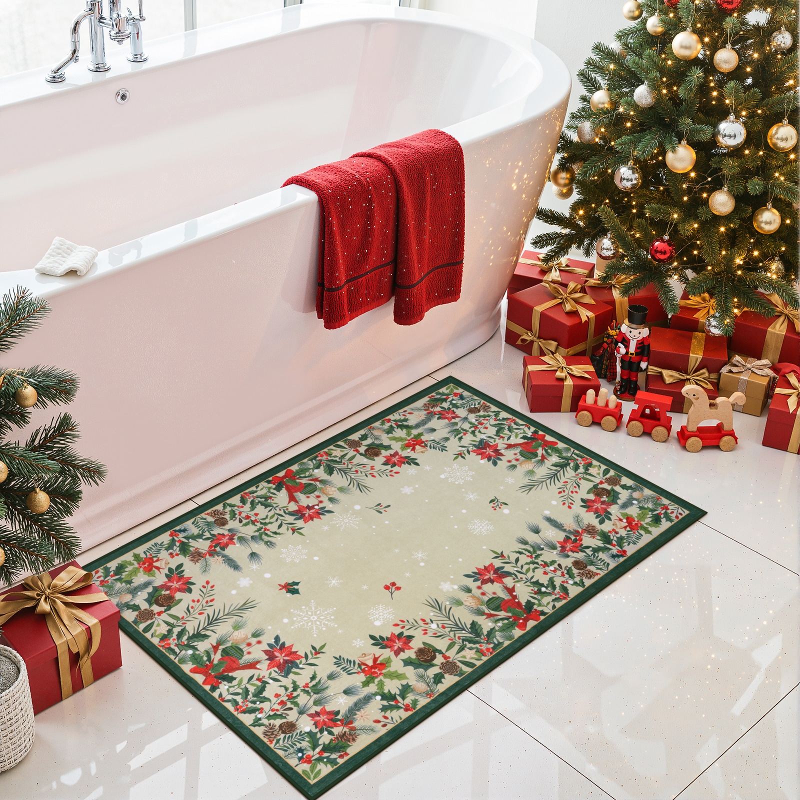 Lahome AR-DYR-677-R1 2x3(ft) Red Christmas Rug with Elegant Floral Swirl Border Non-Slip Absorbent Entryway Mat for Holiday Decor