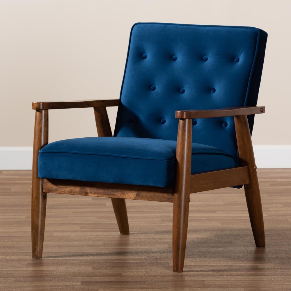 Baxton Studio Sorrento Midcentury Navy Blue Brown Accent Chair in