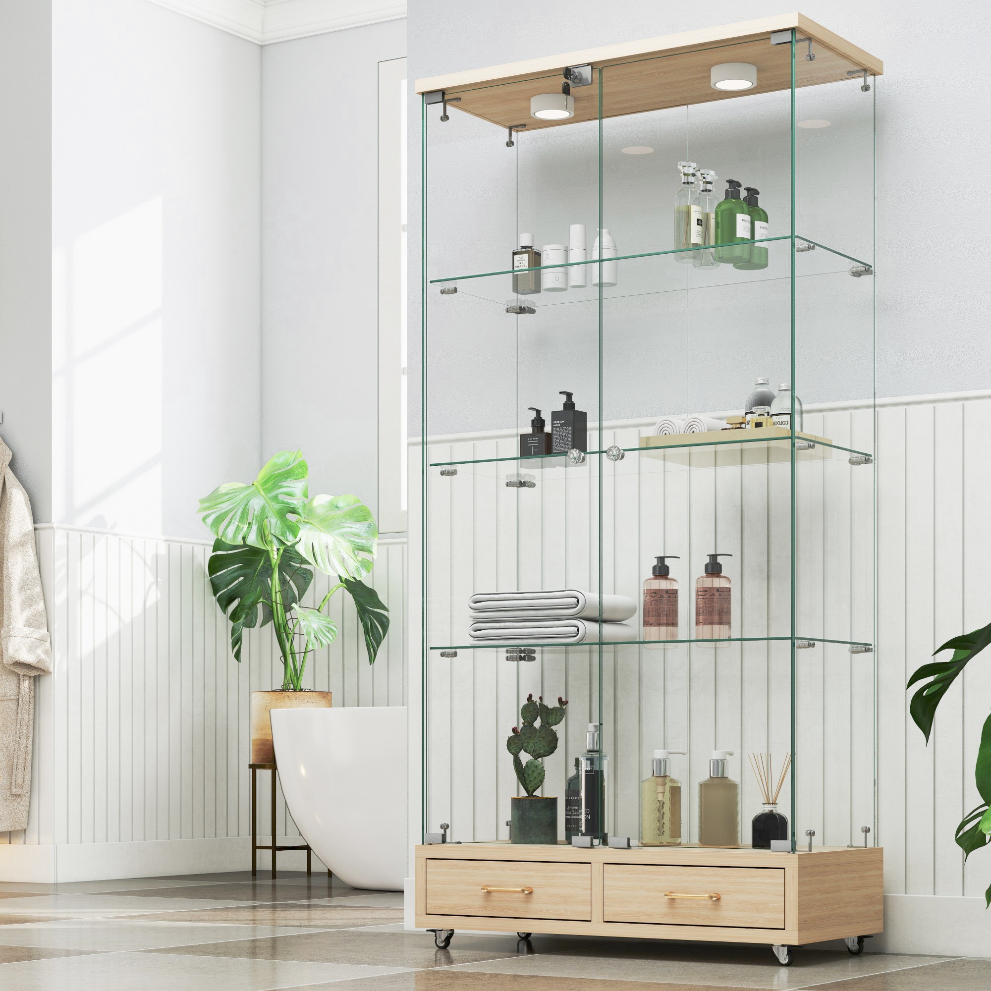 LUXEYARD Modern Glass Display Cabinet with 2 Large Drawers Quickassembly Antique Cabinet natural