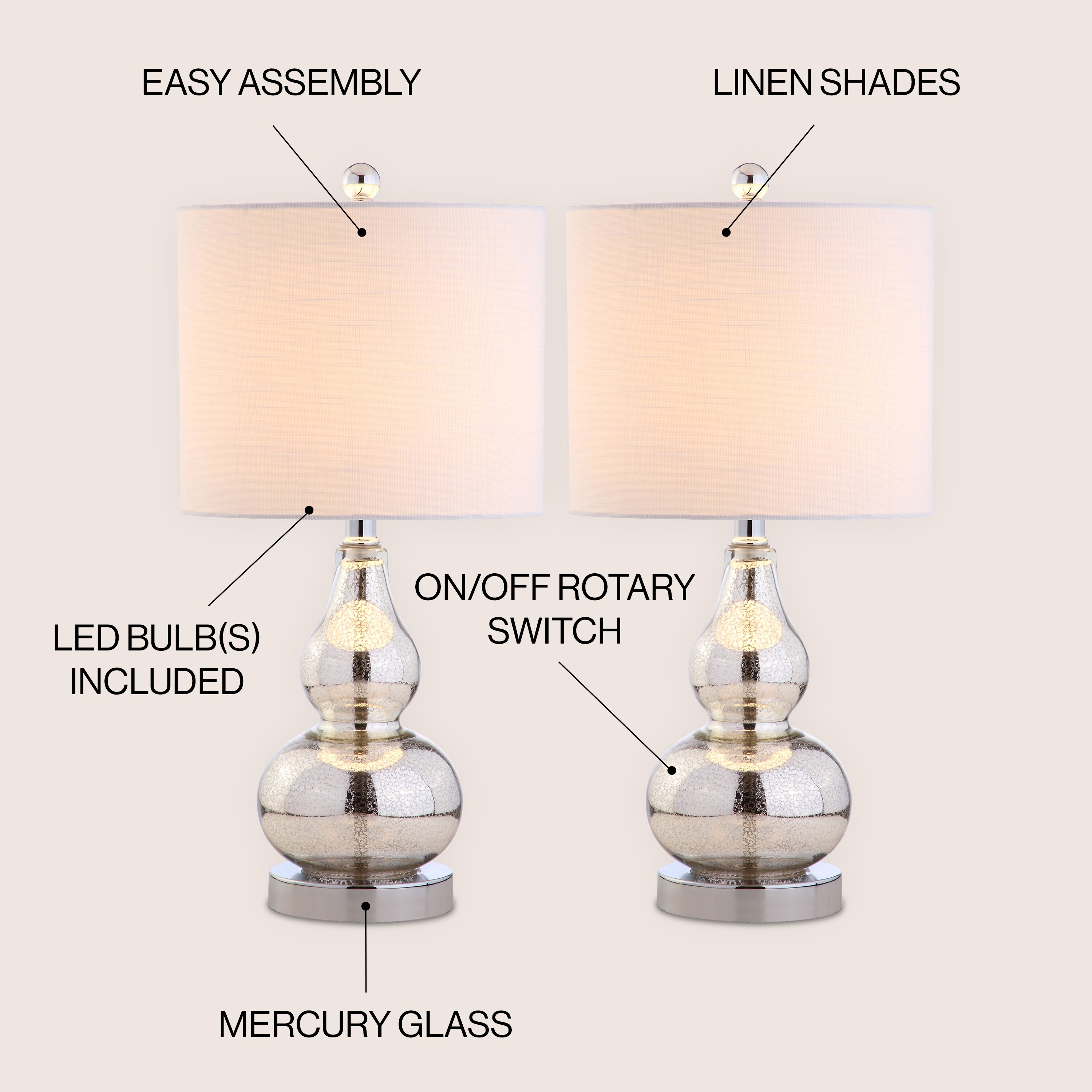 Anya 20.5" Mercury Silver Glass Table Lamp Set with White Shades