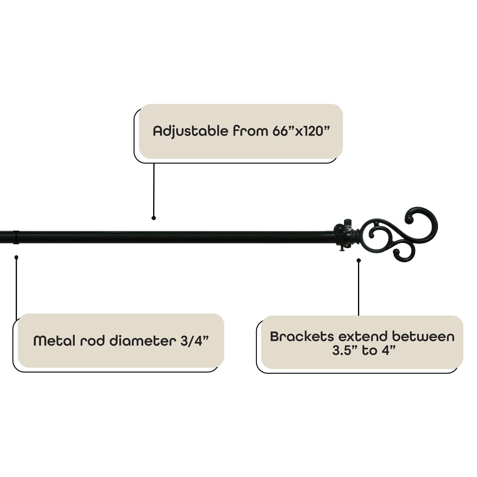 Buono II Black Metal Decorative Curtain Rod with Finial, 66-120"