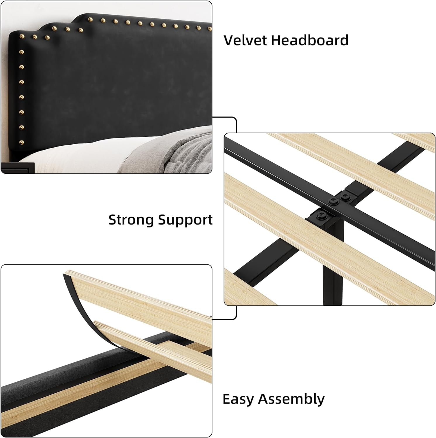 GAOMON King Velvet Upholstered Bed Frame Platform Bed Rivet Decor No ...