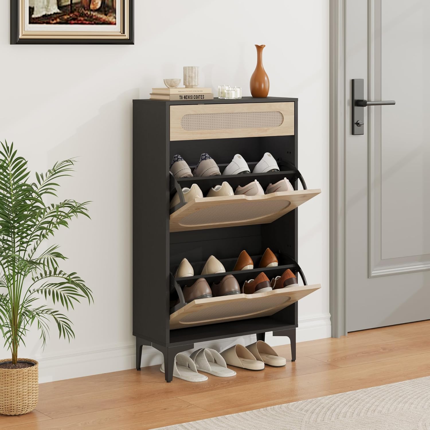 Garvee Black Rattan Shoe Cabinet with 2 Flip Drawers and 1 Pull-Out Drawer/ Adjustable Shelf/ Heavy Duty Metal Legs #H0W-VV98498