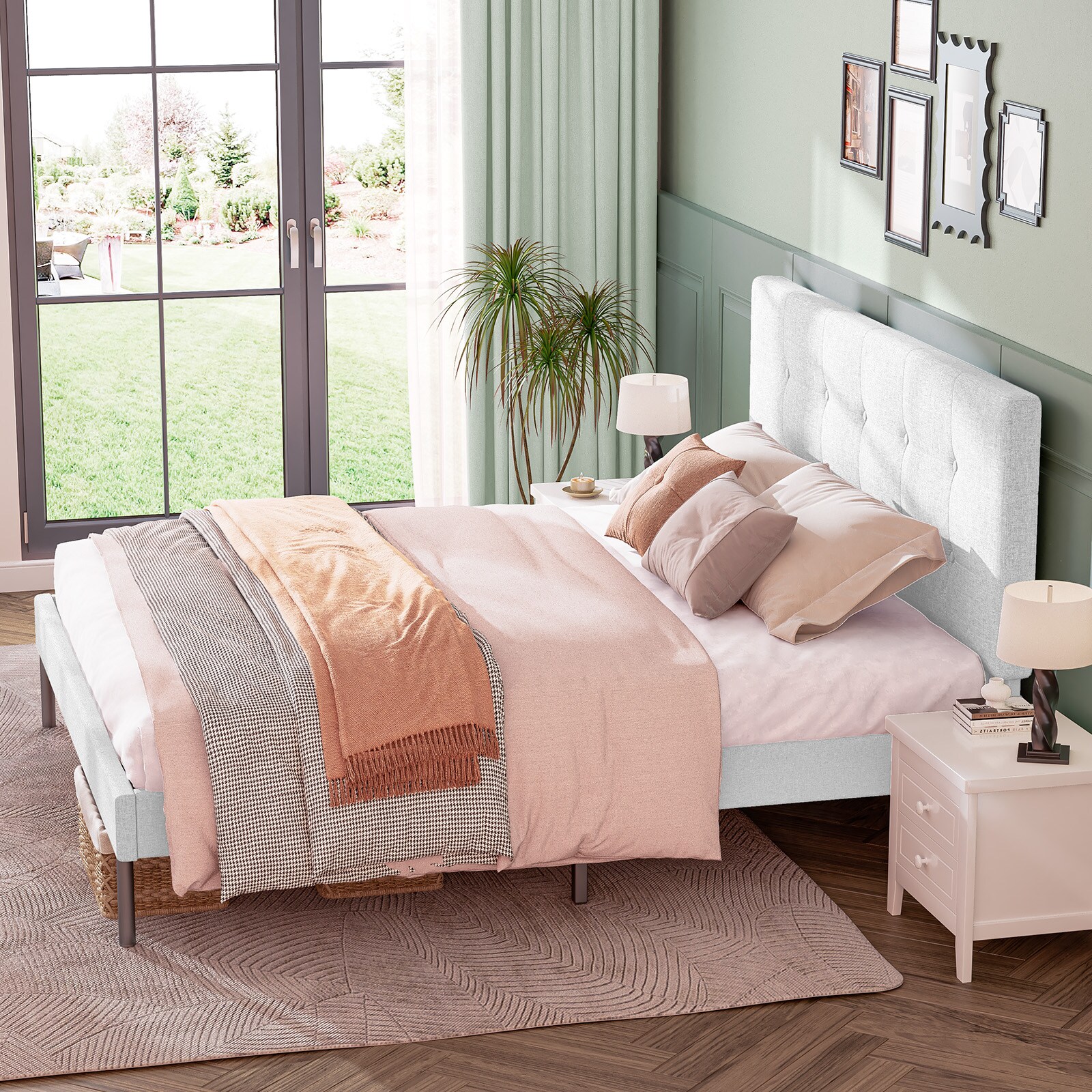 VOUA Bed Frame with Headboard White Twin Wood and metal Bed frame Bed