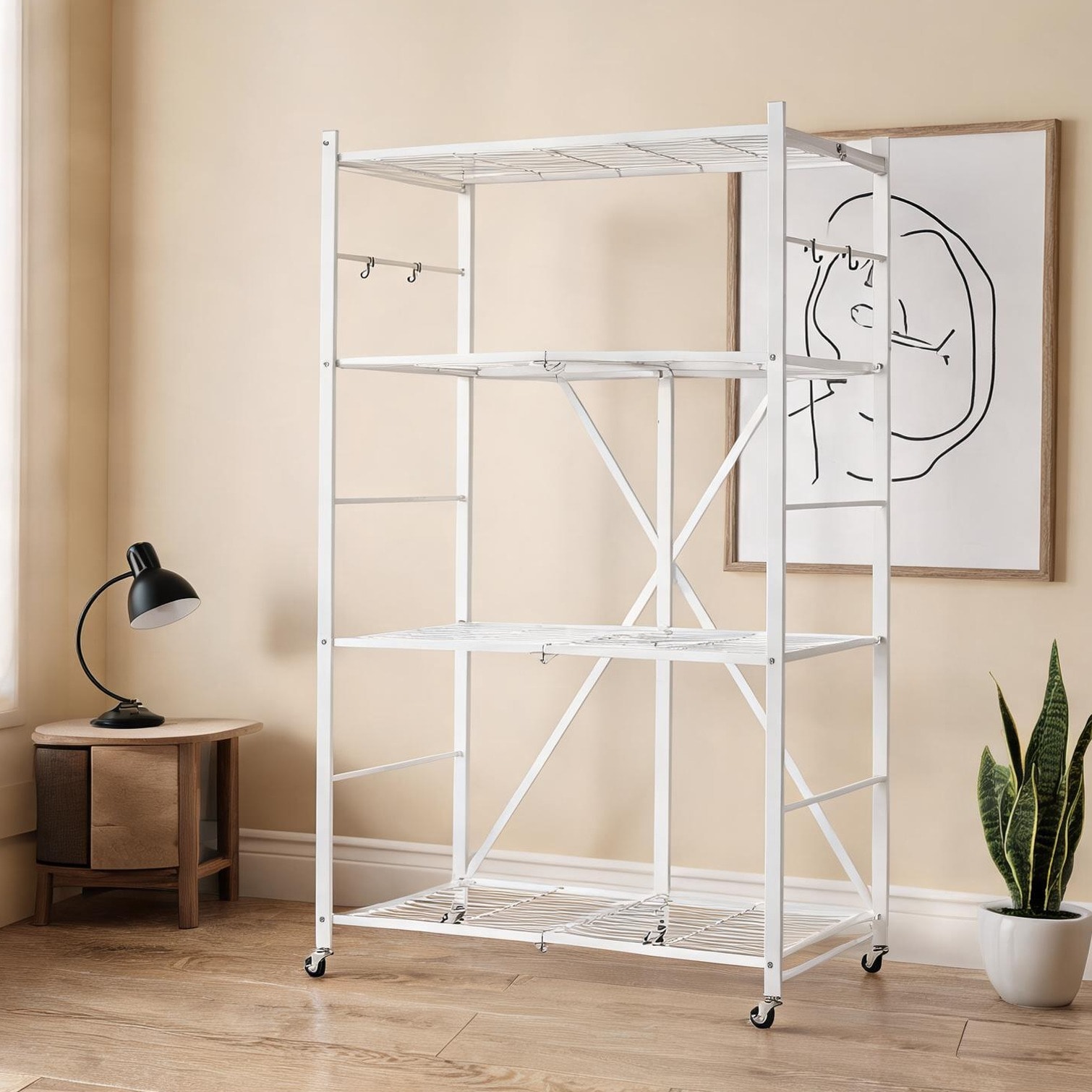 Watnature Crisp white 4-tier folding storage shelf with wheels no ...