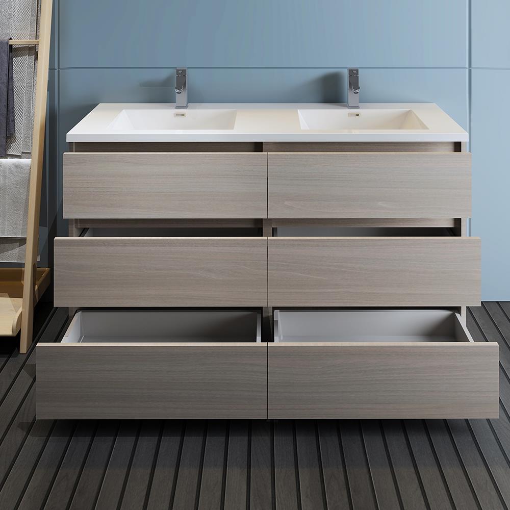Gray Wood 60" Freestanding Double Sink Vanity with Acrylic Top