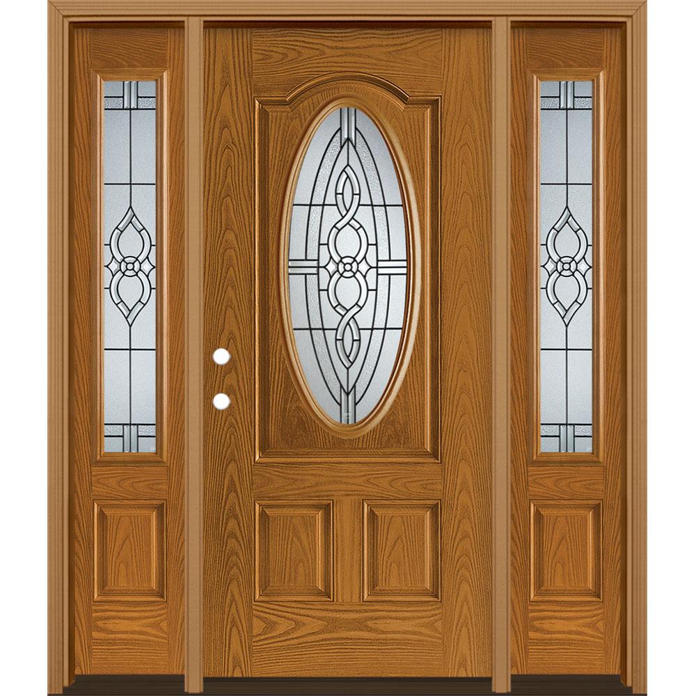 Masonite 1327204 Calista 64-in x 80-in Fiberglass Oval Lite Right-Hand Inswing Oakcrest Stained Prehung Single Front Door with Sidelights with Brickmould Insulating Core