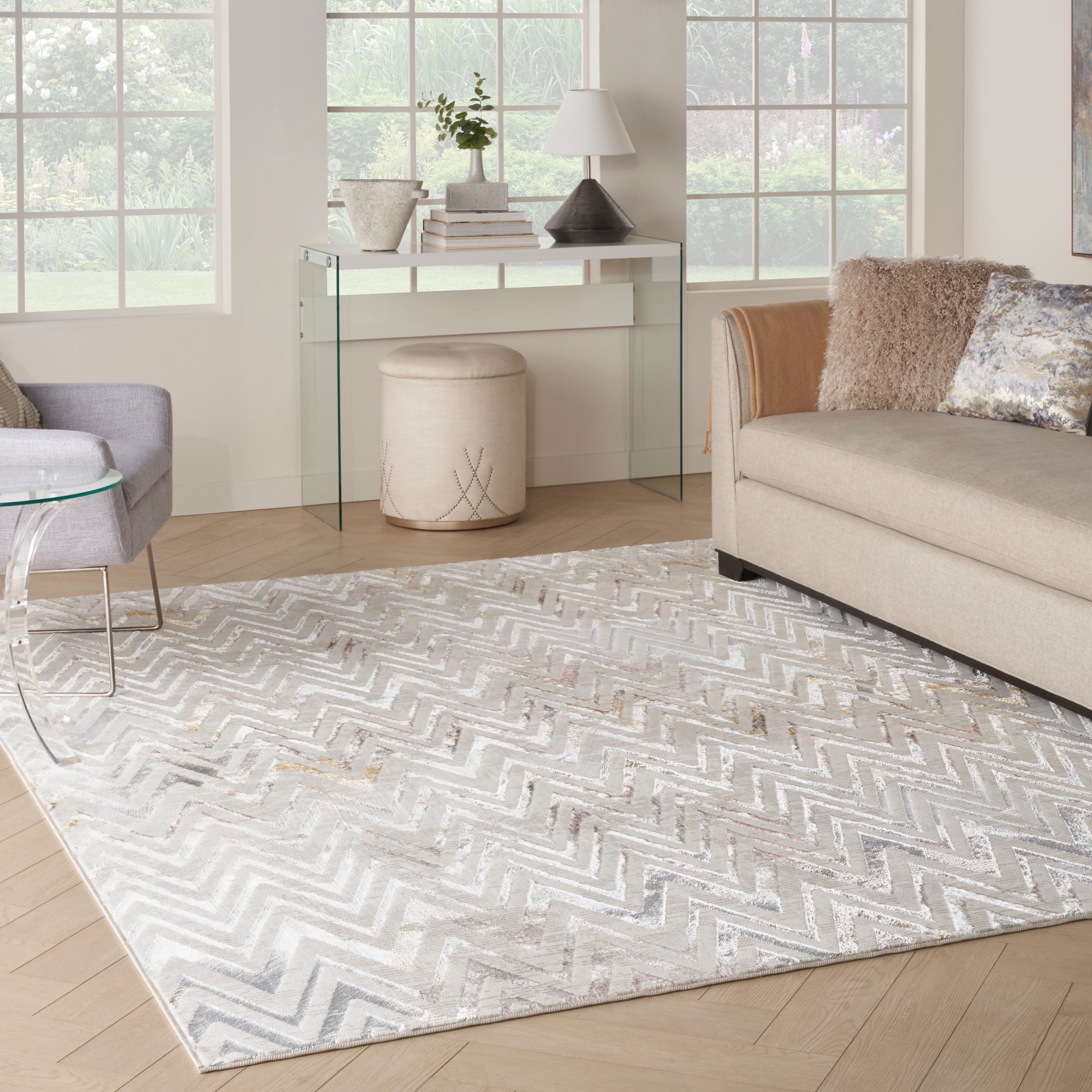 Nourison 099446896278 Glam 9 x 12 (ft) Loomed Polyester Multicolor Rectangular Indoor Chevron Mid-Century Modern Area rug