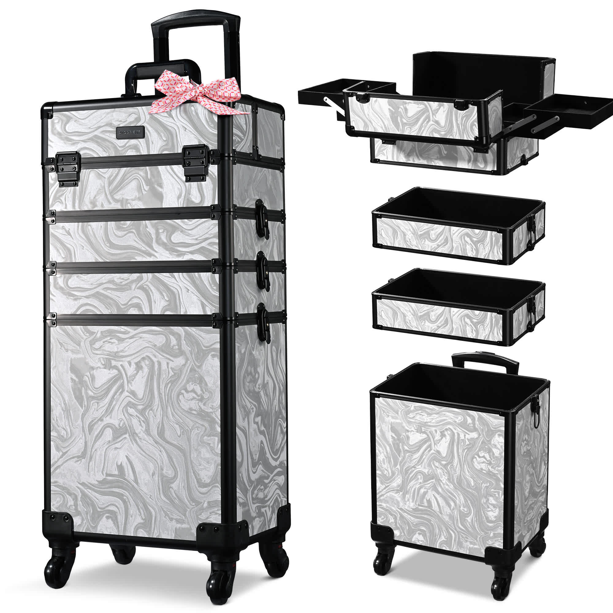 Yescom 12MKC028-C4WG-C09-LO Byootique Rolling Makeup Train Case 4in1 Cosmetic Trolley Organizer Case Traveling Cart Trunk with Wheels for Makeup Artist Trave Nail