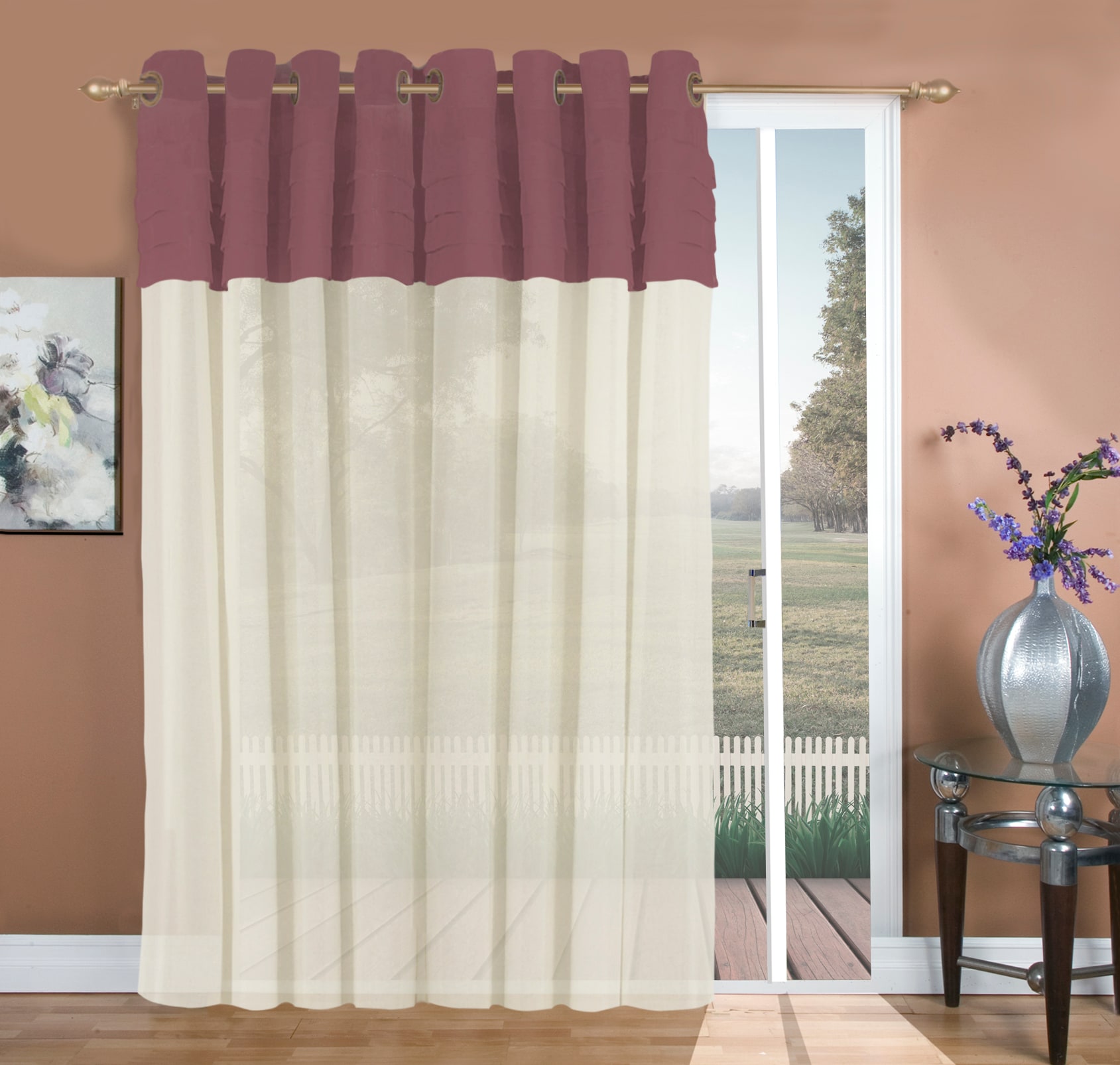 Ricardo Trading 02800-79-484-43 84-Inches Plum/ivory Semi-sheer Grommet Single curtain panel