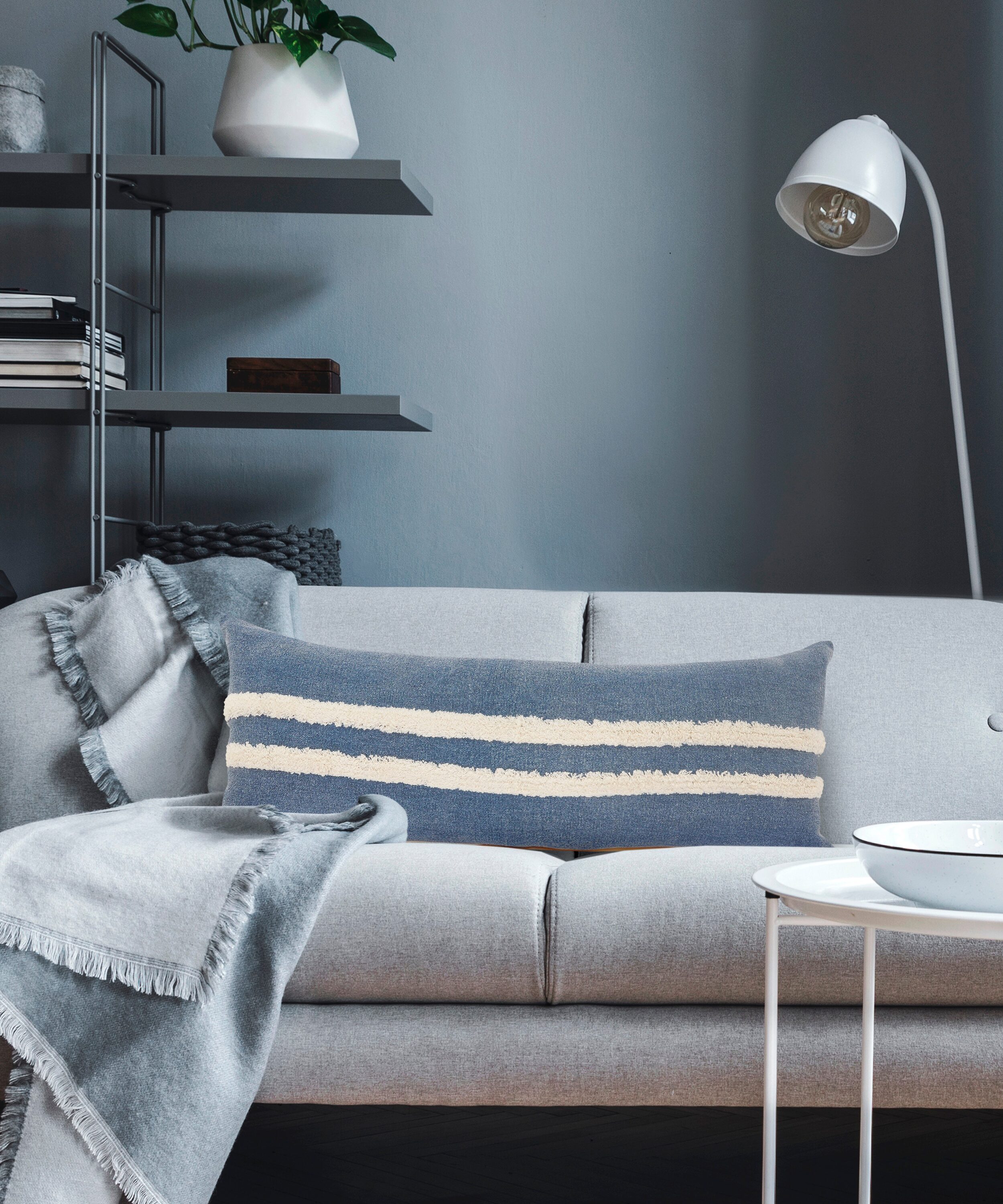 Dusty Blue and White Striped Tufted Lumbar Throw Pillow, 14" x 36"