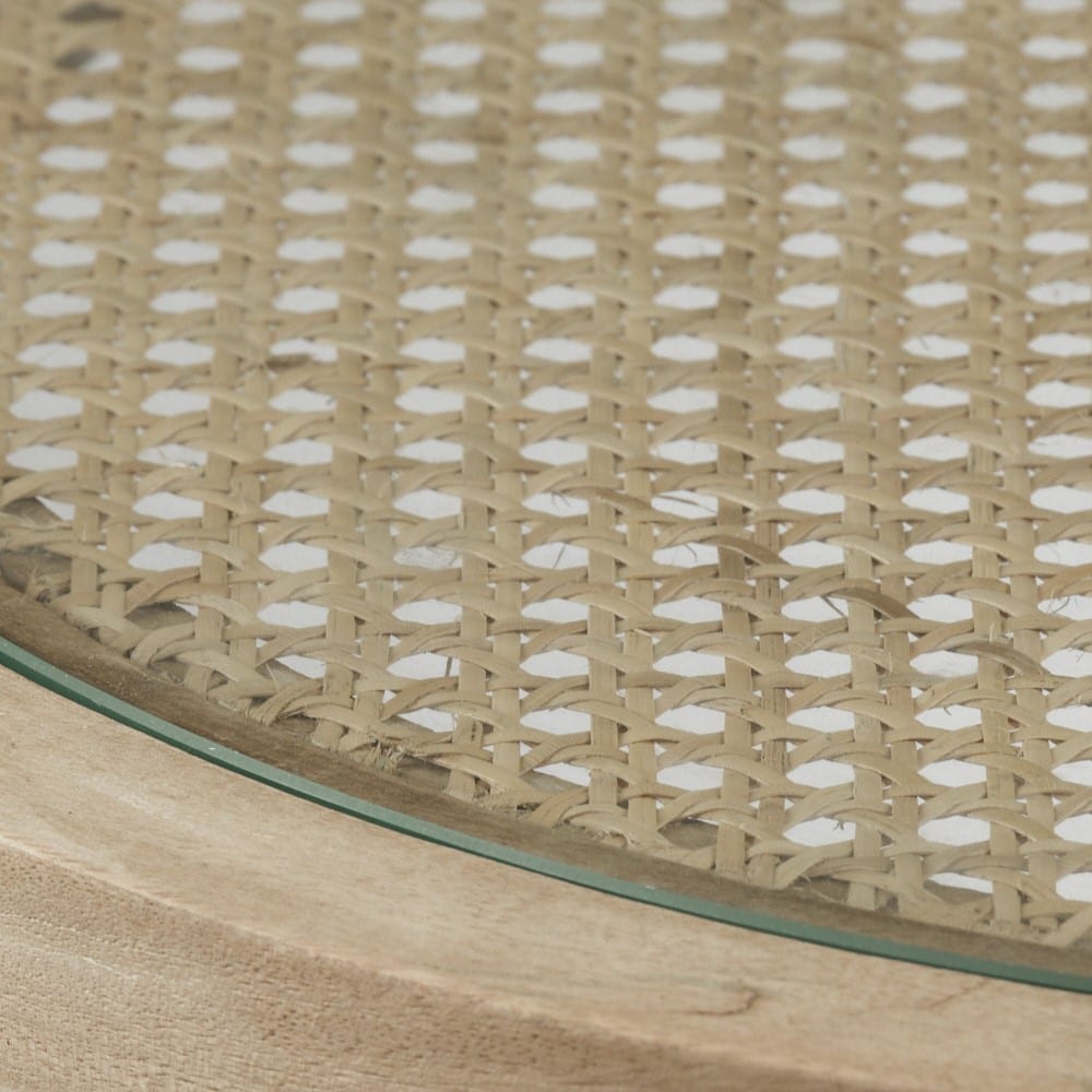 Light Brown Round Wood and Glass Accent Table