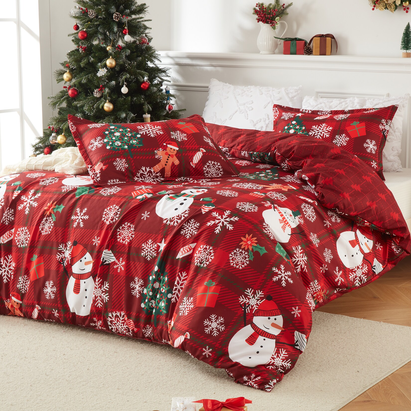 IdealHouse Christmas Duvet Cover King Reversible Printed Comforter Cover Set Christmas Holiday Decorative Bedding Soft Microfiber Red Duvet and 2 Pillow Shams Snowman King