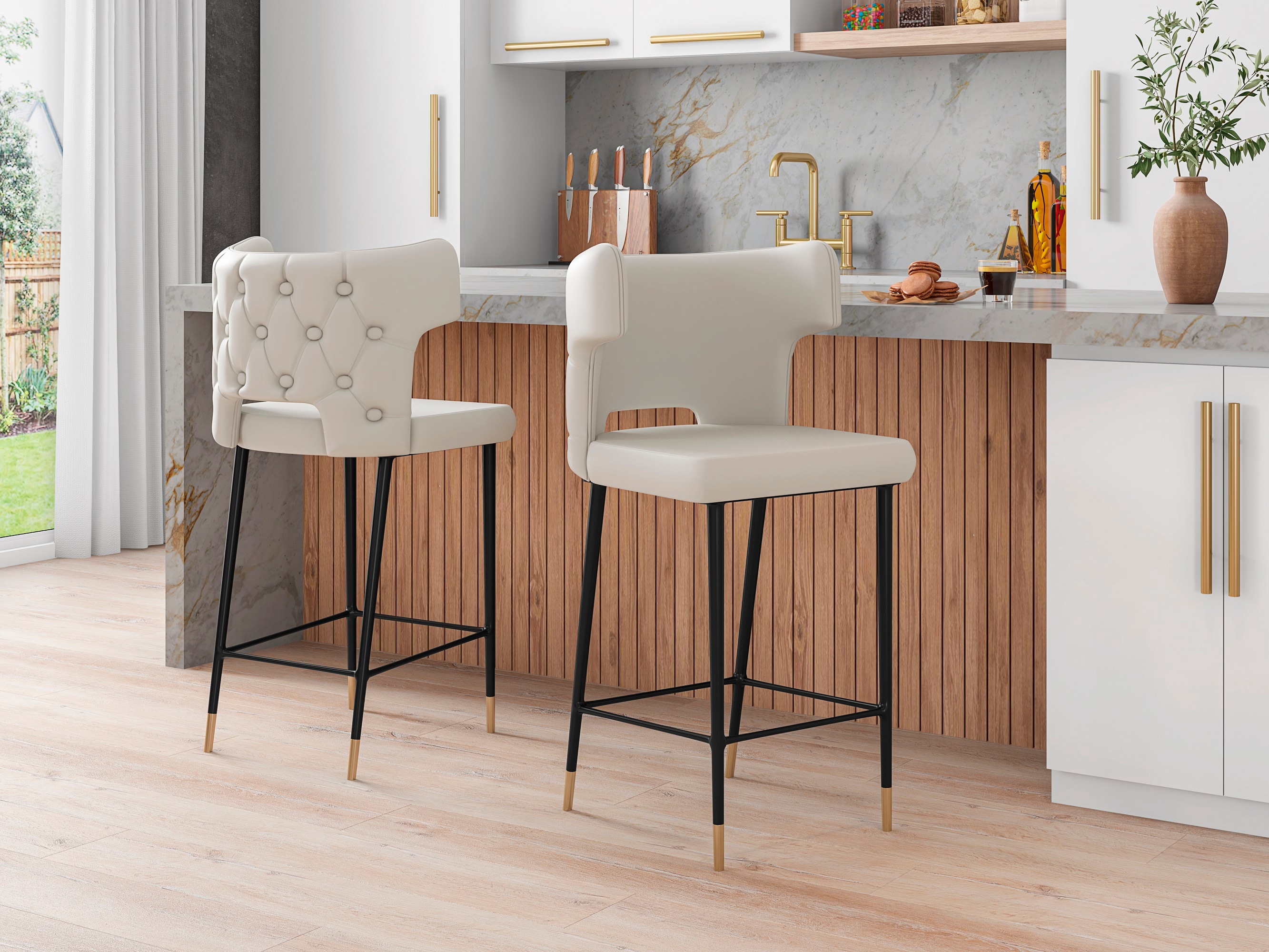 Manhattan Comfort Holguin Cream Black and Gold 28 in H Bar height Upholstered Wood Bar Stool with Arms Back in the Bar Stools department at Lowes