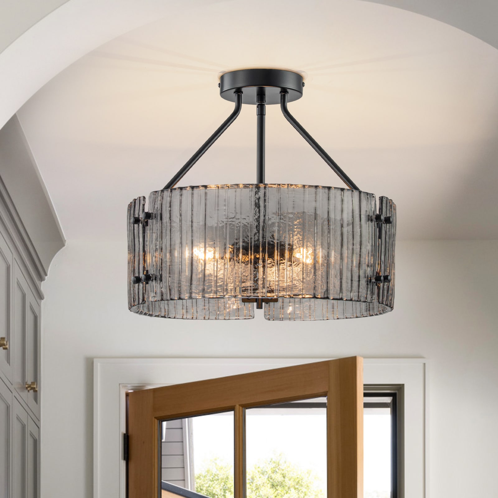 Kofara 15.7-in Matte Black Indoor 3-Light Drum Semi-Flush Mount with Ribbed Glass