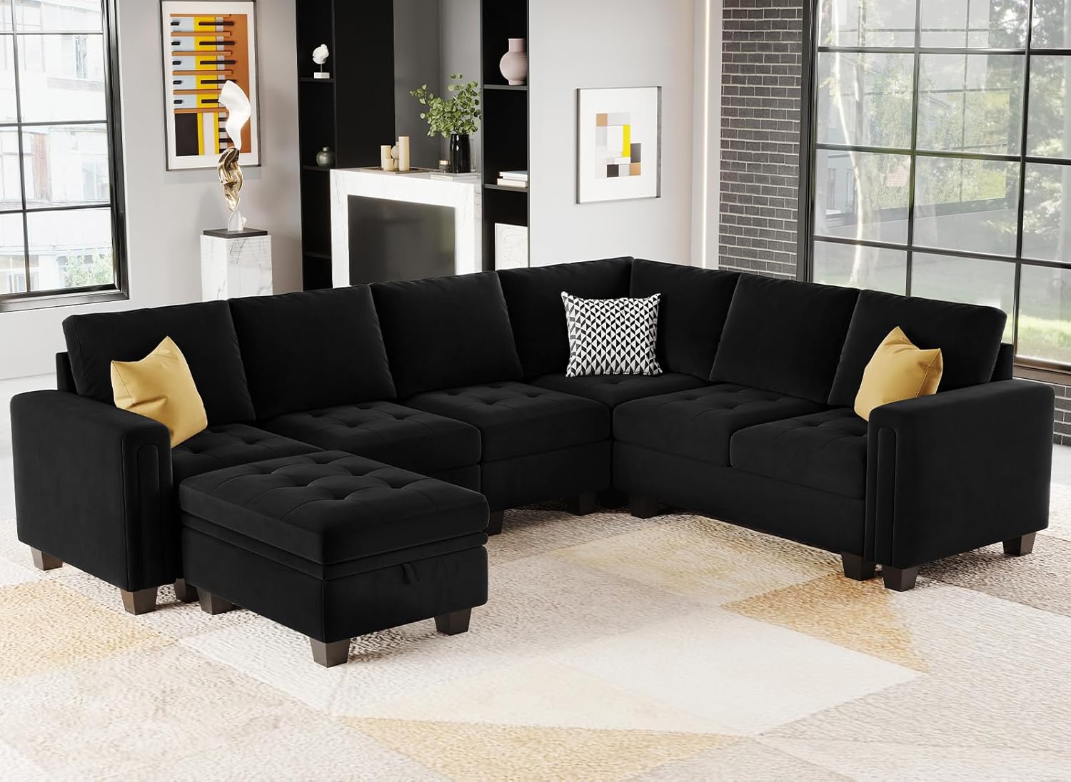 Belffin BF067-A2BCDE-BLACK 6 Seats Modular Velvet Tufted Sofa with Storage Ottoman
