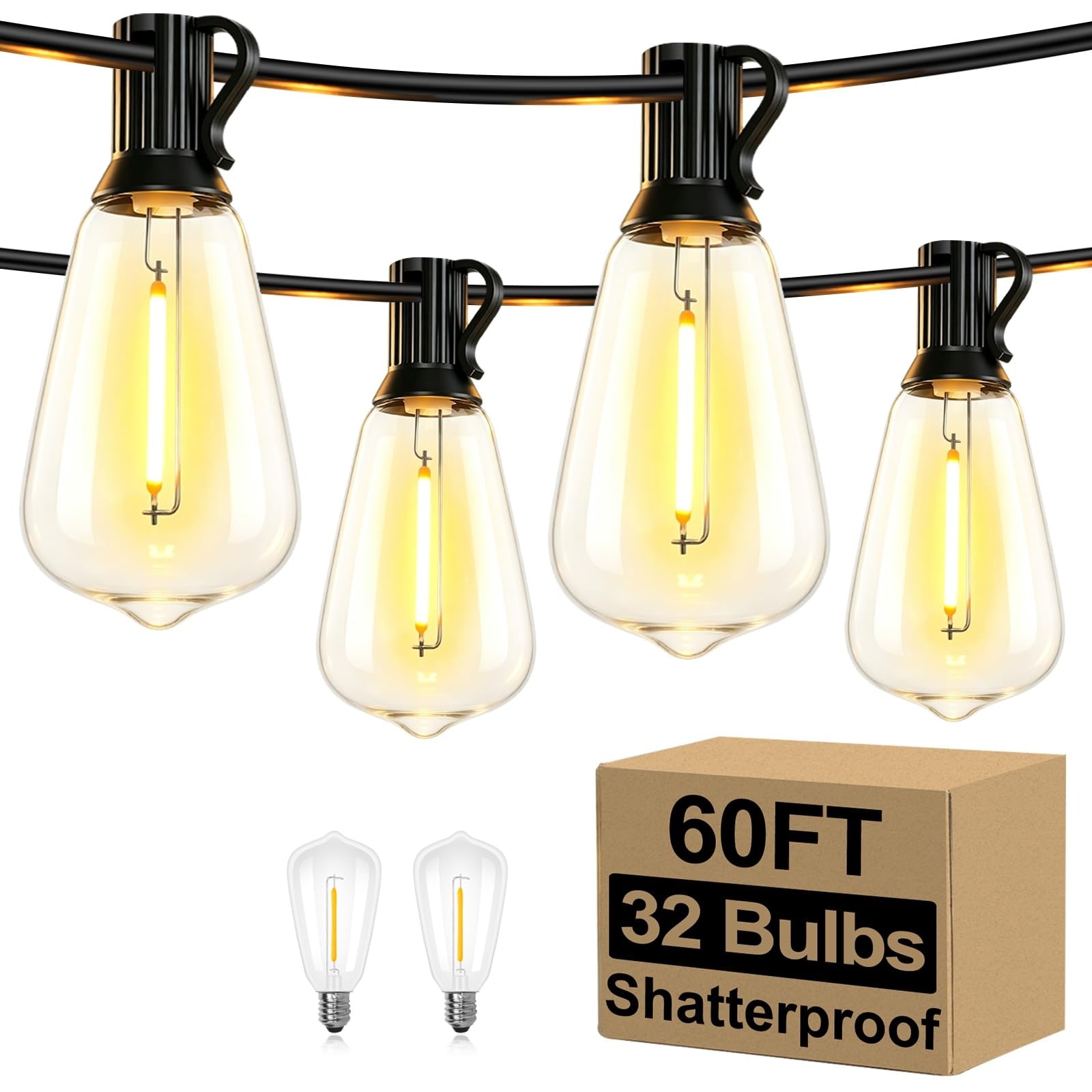 Afoxsos -  LED Outdoor String Lights 60FT with 32 Shatterproof ST38 Vintage Edison Bulbs Waterpro...