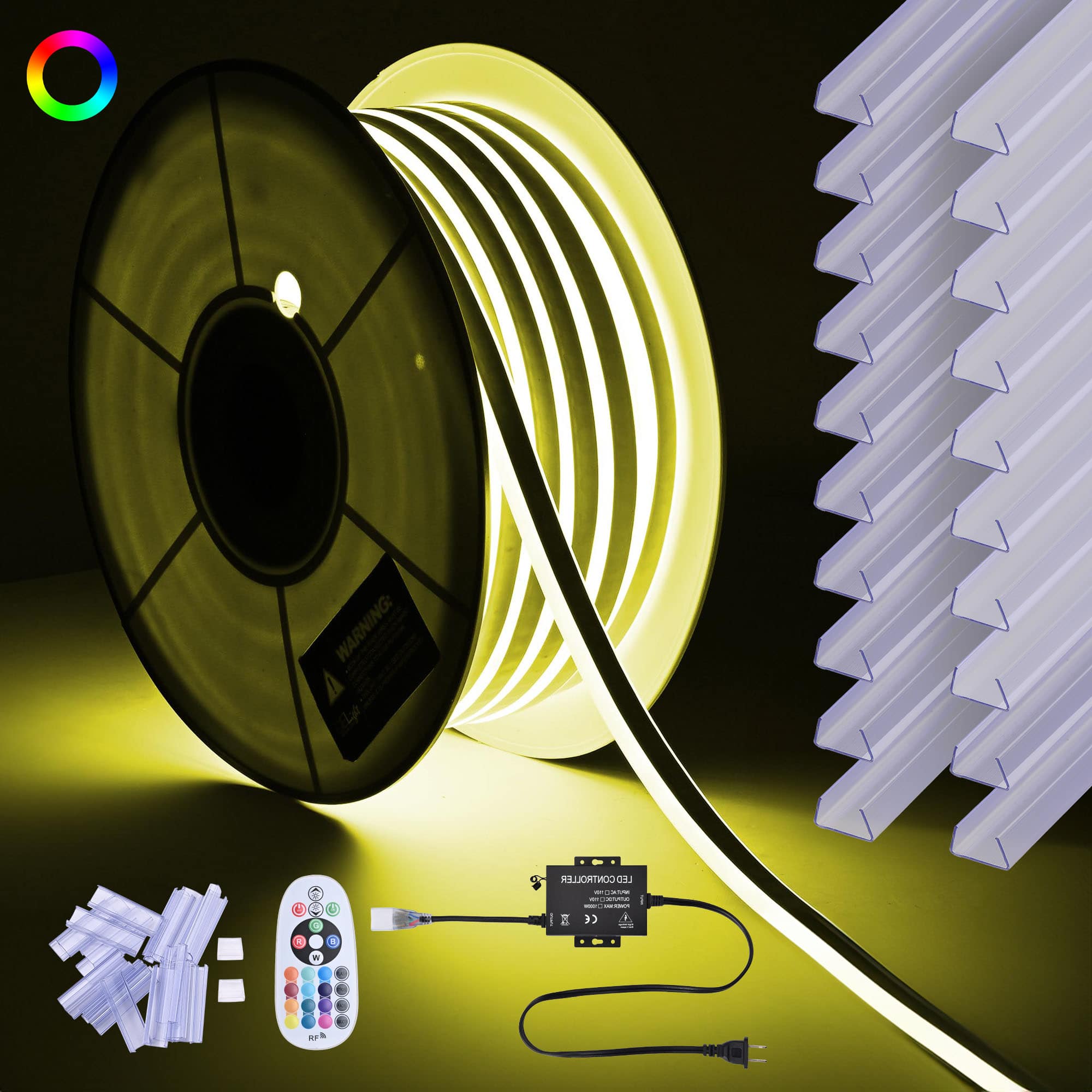 Yescom 11DSLSET4-100-RGB-LO 100FT RGB LED Strip Neon Rope Lights APP Control w/ 10Pcs PVC Channel