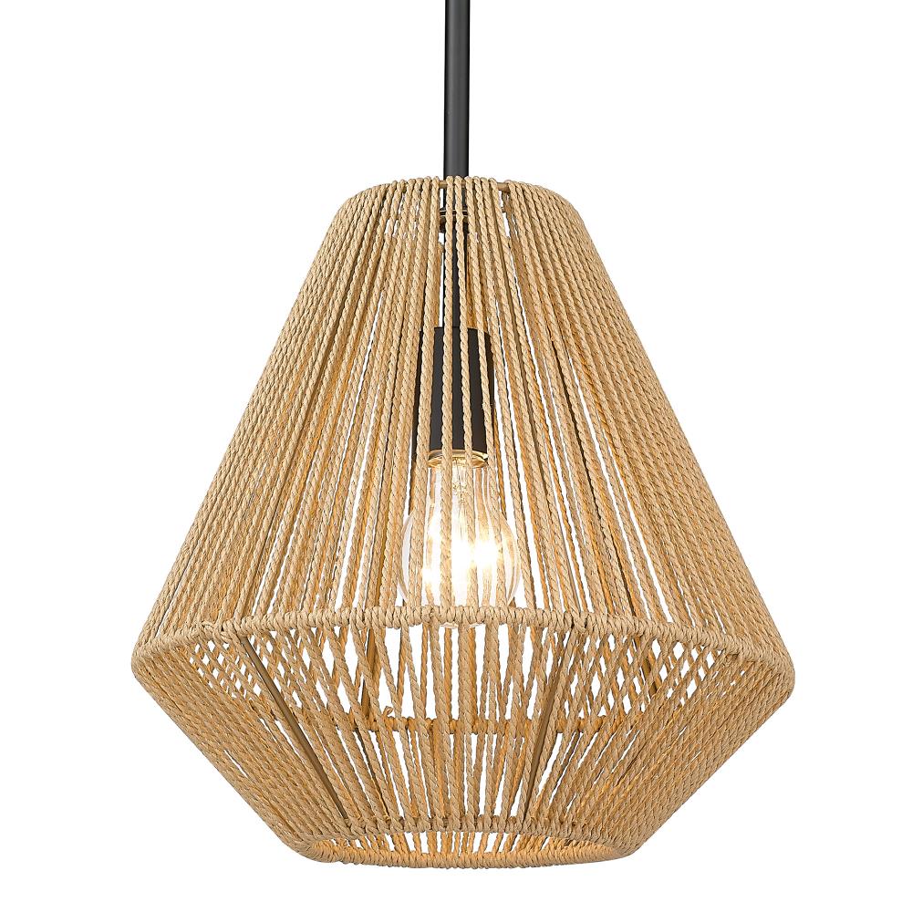 Matte Black and Natural Raphia Rope Medium Pendant Light