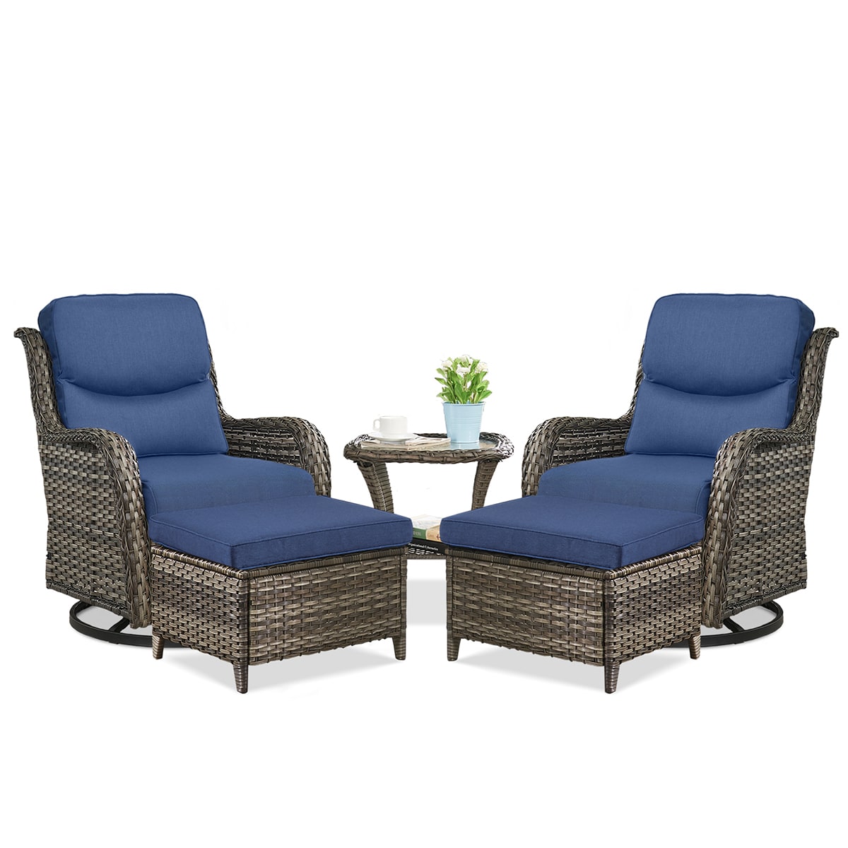 Rilyson FS036XL016-1 Smiley Set of 2 Wicker Gray Wicker Frame Swivel glider Conversation Chair with Gray Blue Cushioned Seat