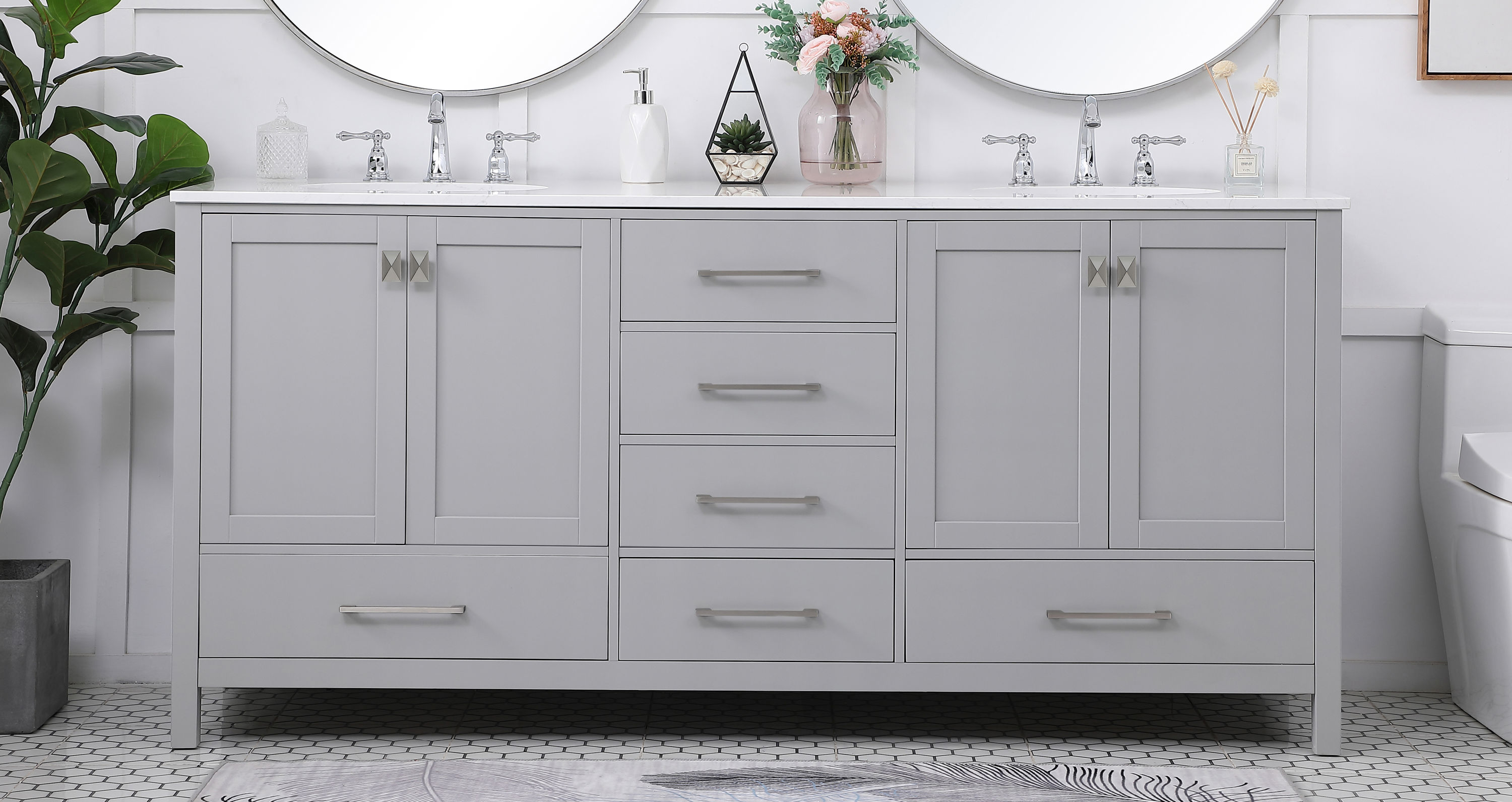 Gray 72" Solid Wood and Stone Double Bathroom Vanity