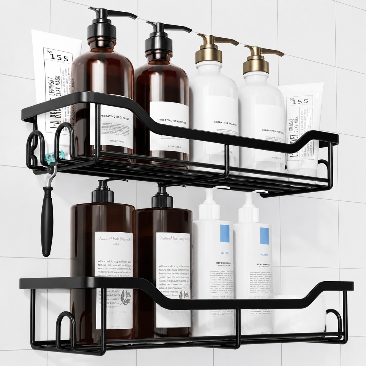 Phewnyzo  Shower Caddy Large Adhesive Organizer Black Stainless Steel Shelf for Bathroom Storage No Drill Rustproof 2 Pack with Hooks for Towels