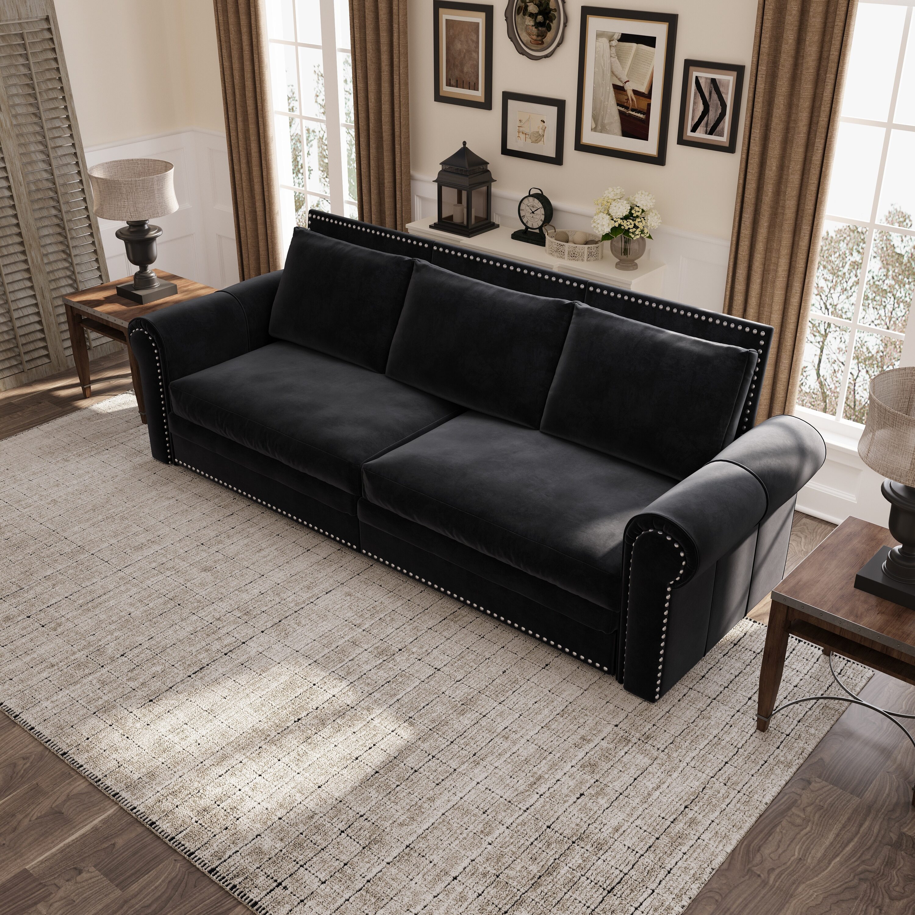 VASOENY - 93.7-Inch W Black Velvet Pull Out Couch 3-in-1 Convertible Sleeper Sofa Bed