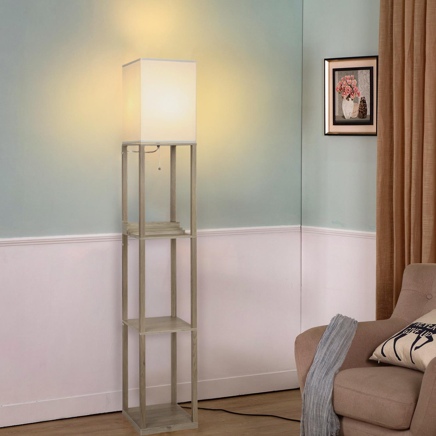 Brightech FL-MXUSB-RW 63-in Rustic Wood Shelf Floor Lamp with Fabric Shade