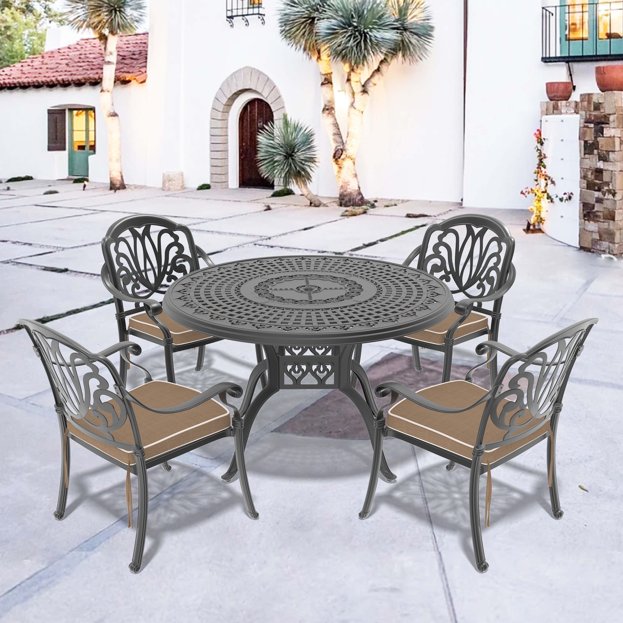 nicesure SLBK6002CZ4A1114RC 5 -Piece Black Patio Dining Set Aluminum Round Table with 4 Cushions Stackable Stationary Chairs
