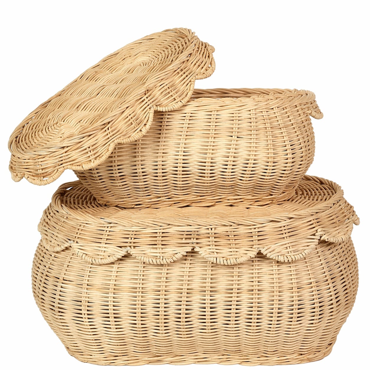 Aoibox  2 Piece Hand Woven Rattan Scalloped Storage Baskets with Lids 15 x 10 x 7 in for Living Room Bathroom and Picnic