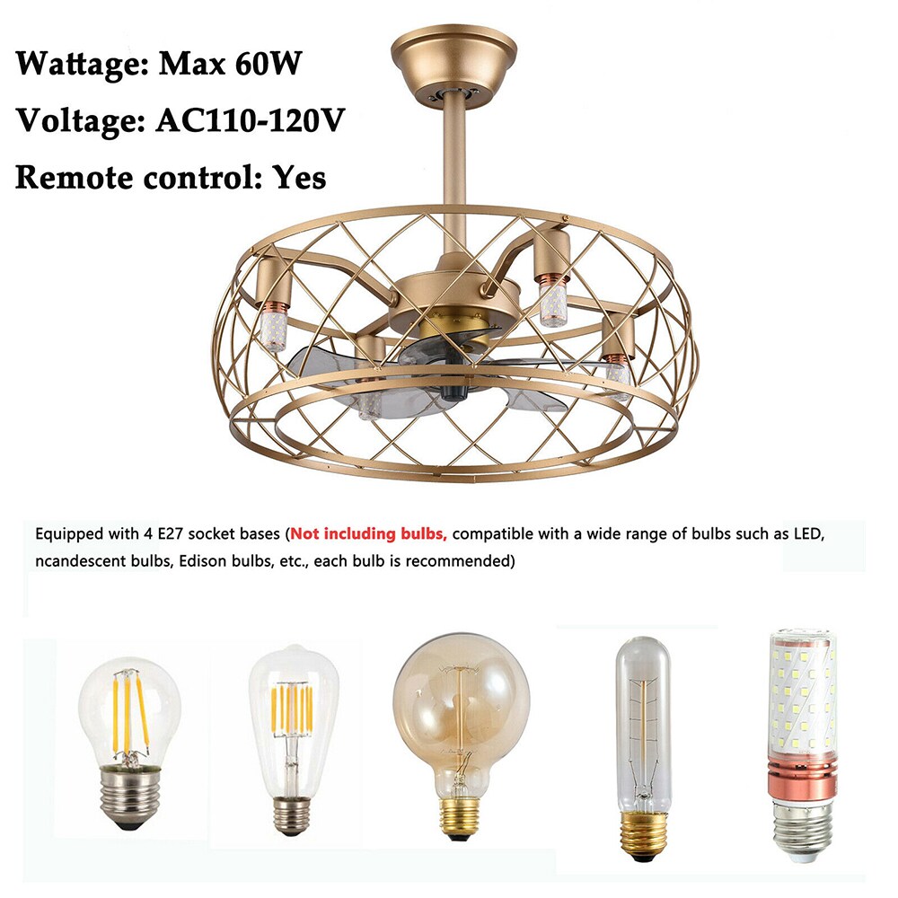 Oukaning 19.7-in Vintage Bronze Gold Timing Indoor Flush Mount Cage Ceiling Fan Light Kit Compatible Remote (7-Blade) | HG-HCX4559-414US