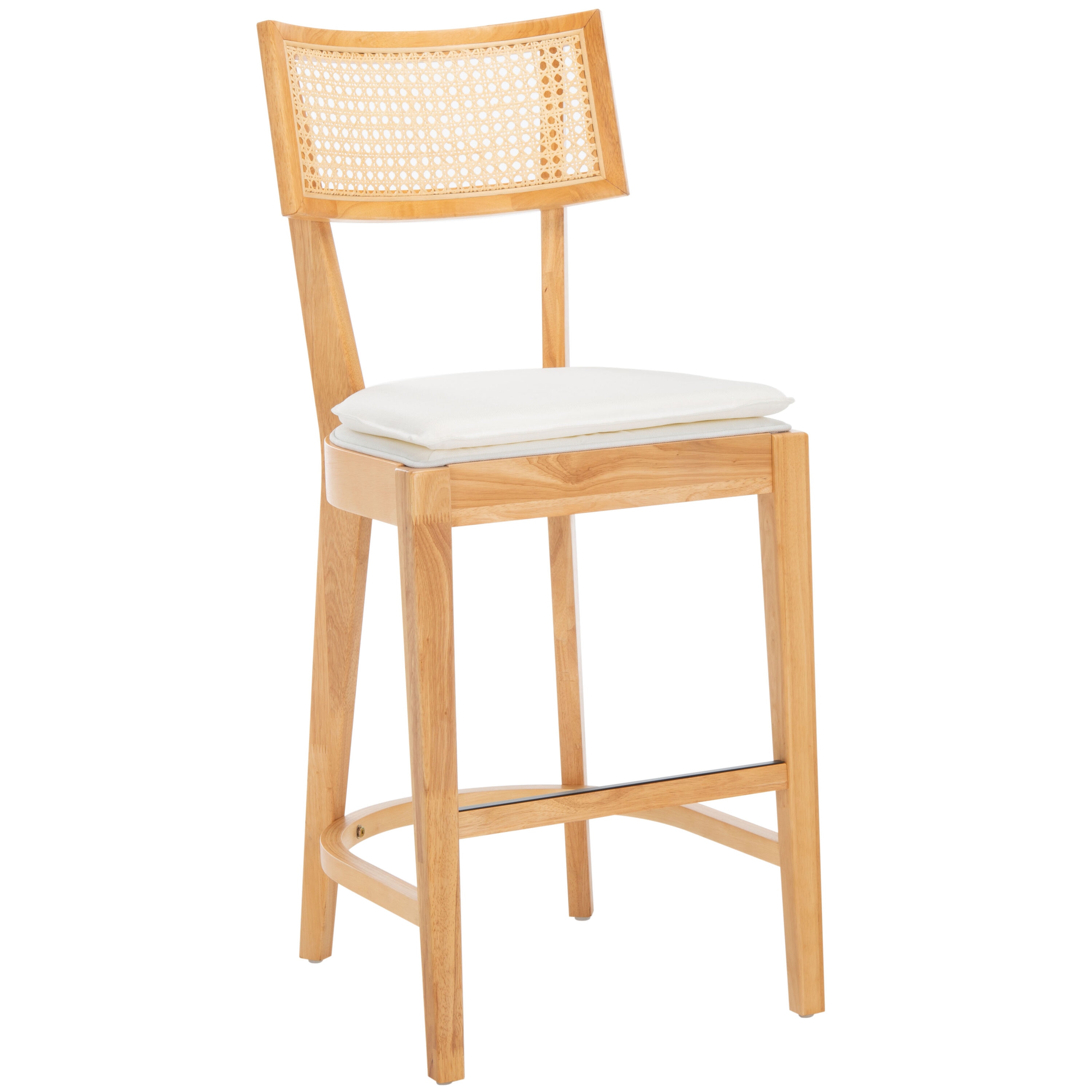 Natural Wood and Woven Cane Counter Stool with White Cushion