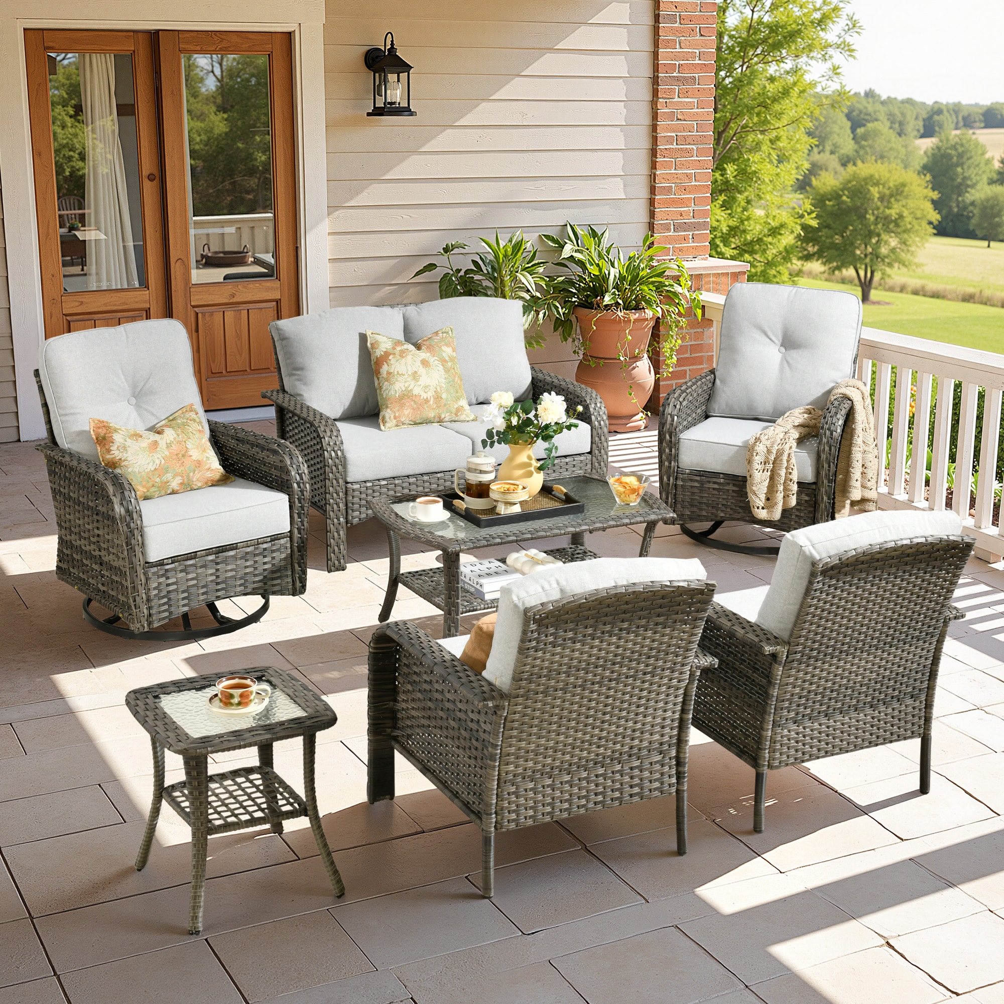 ALTRIGUS 6LYZGNCGNDS40071AL 7 -Piece Wicker Patio Conversation Set with Light Gray Cushions