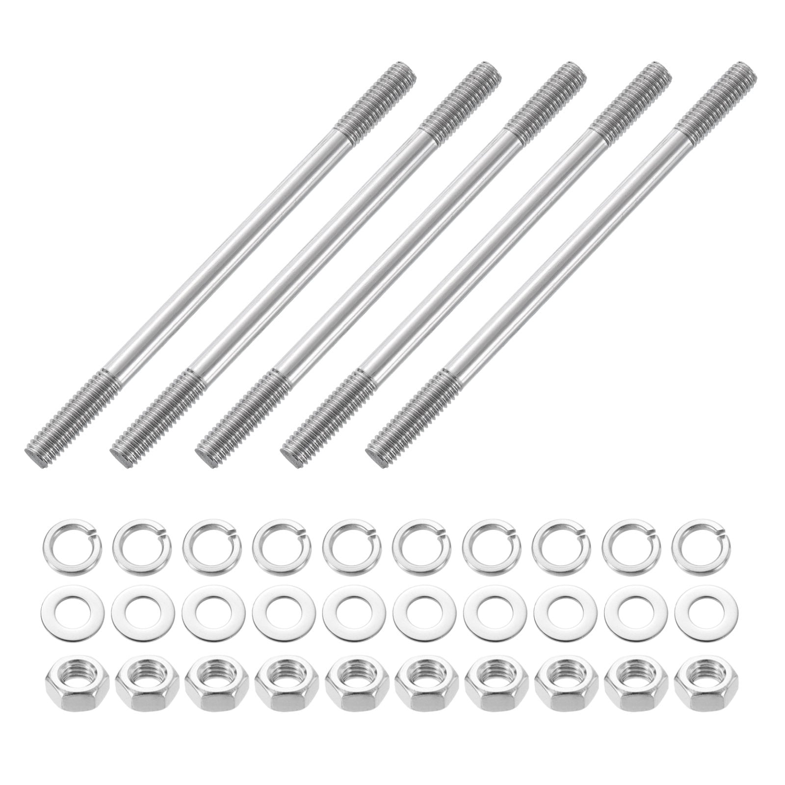 Unique Bargains 5pcs Double Ended Stud Screws M6x100mm 304 Stainless Steel Dual Threaded Rod Bolts with Nuts and Flat and Lock Washers Double End Threaded Stud Screw Bolt for House Maintenance