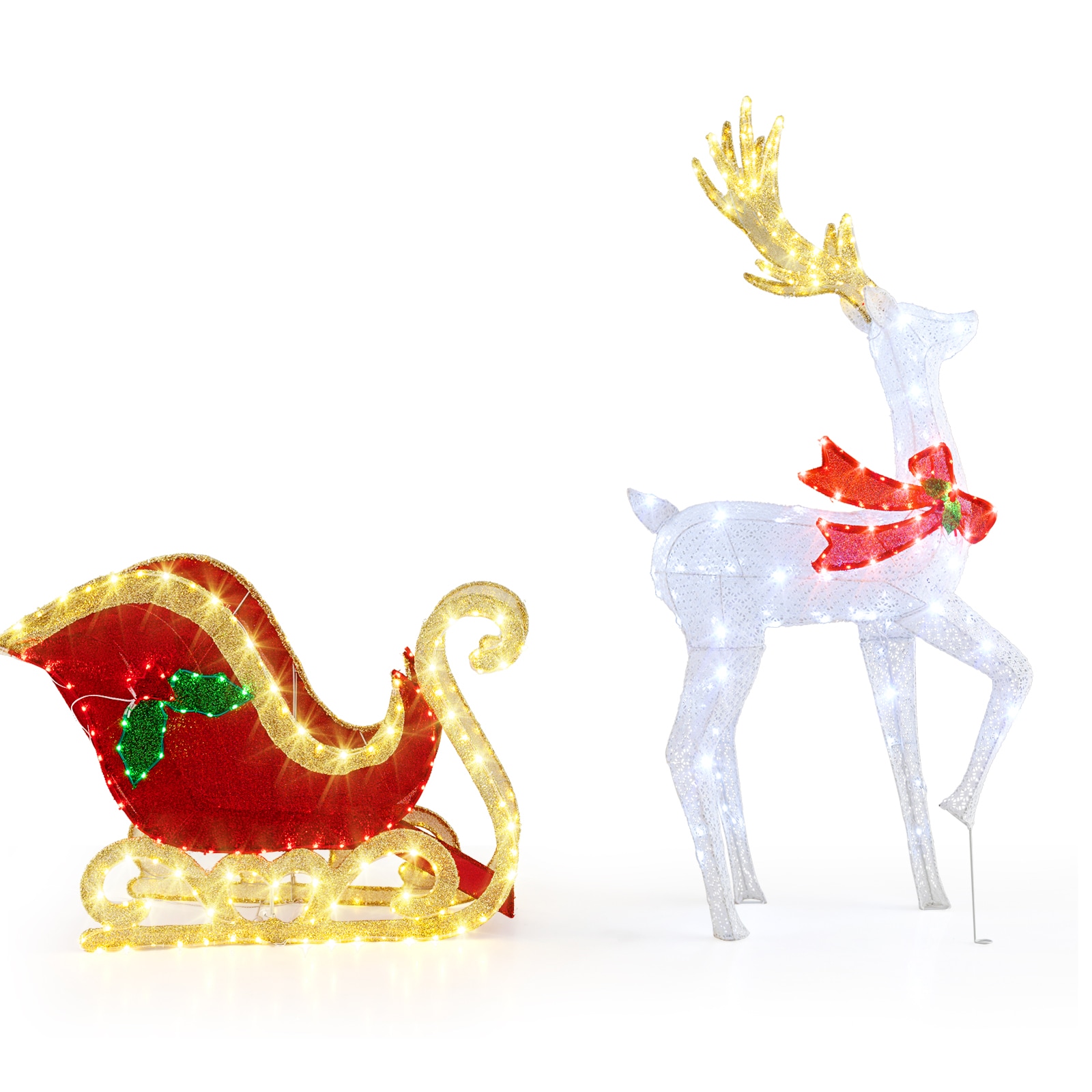 Slickblue Set of 2 Freestanding Christmas Decoration with White LED Lighted Reindeer and Sleigh for Indoor or Ourdoor