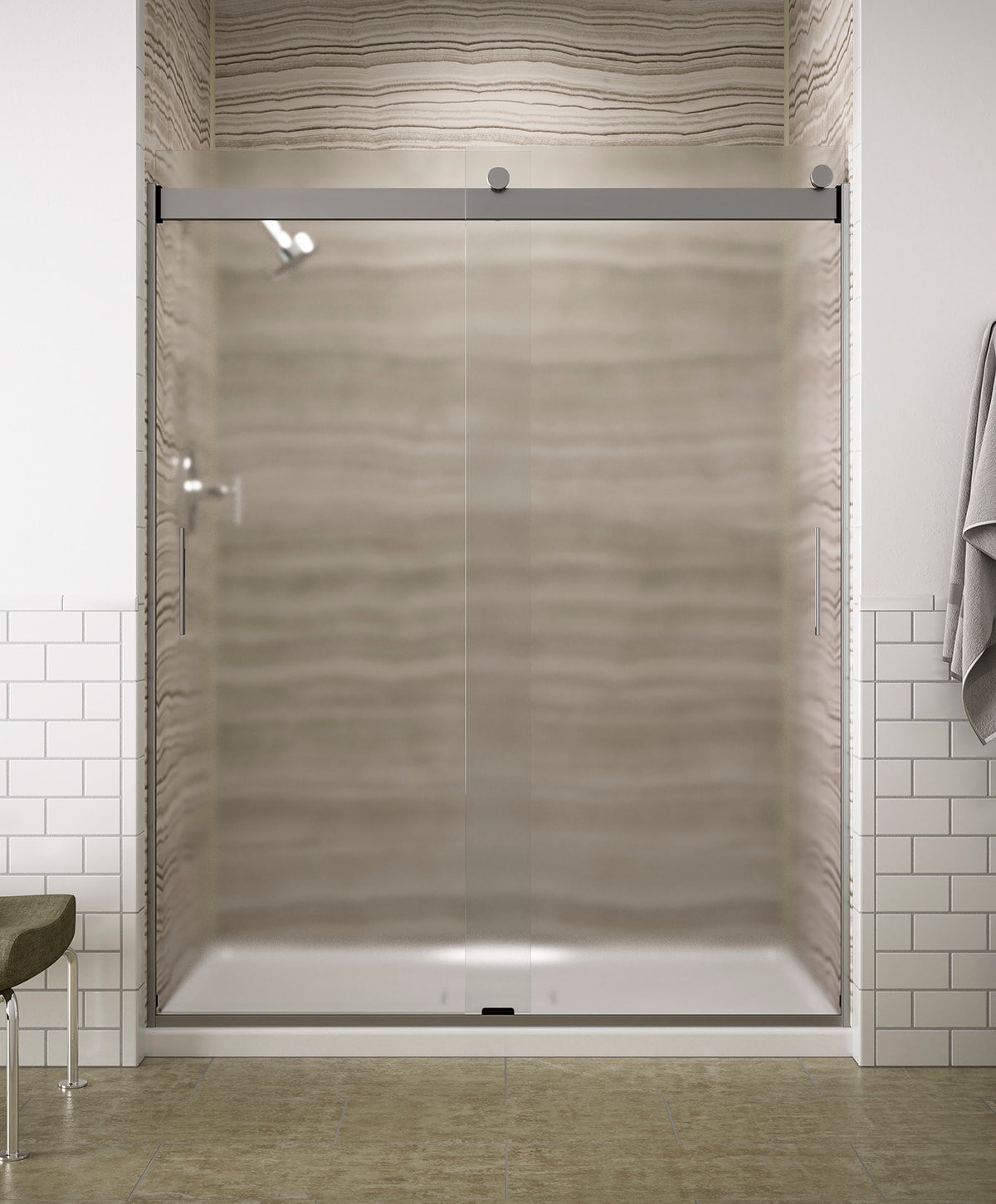 KOHLER 706009-D3-SH Levity Bright Silver 56-in to 60-in W x 74-Inches H Frameless Sliding Soft Close Shower door 1/4-in Thick Frosted Glass