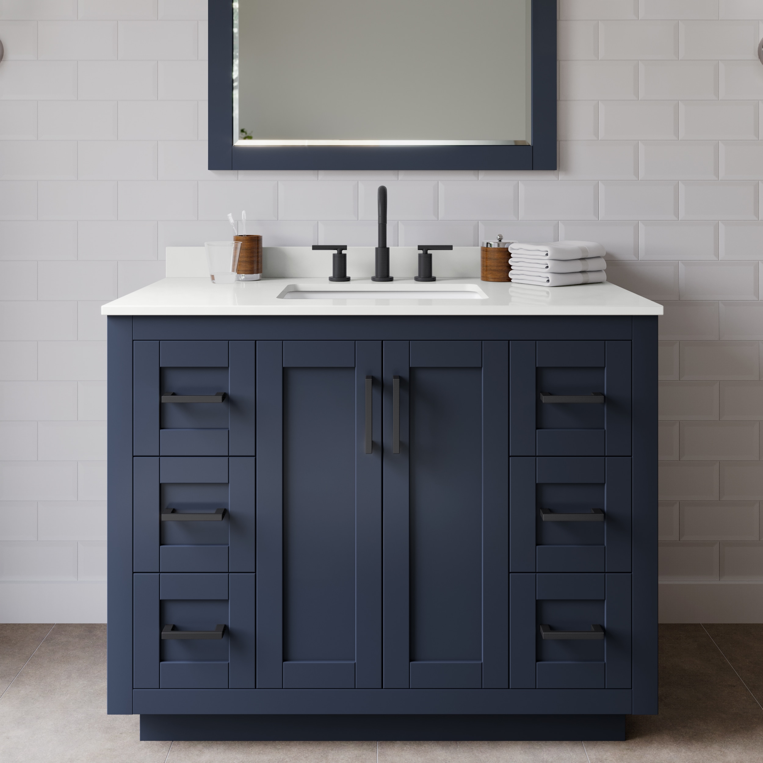 Wyndham Collection WCF292942SBBWQUS3MXX Miranda 42-in Dark Blue Undermount Single Sink Bathroom Vanity with White Quartz Top