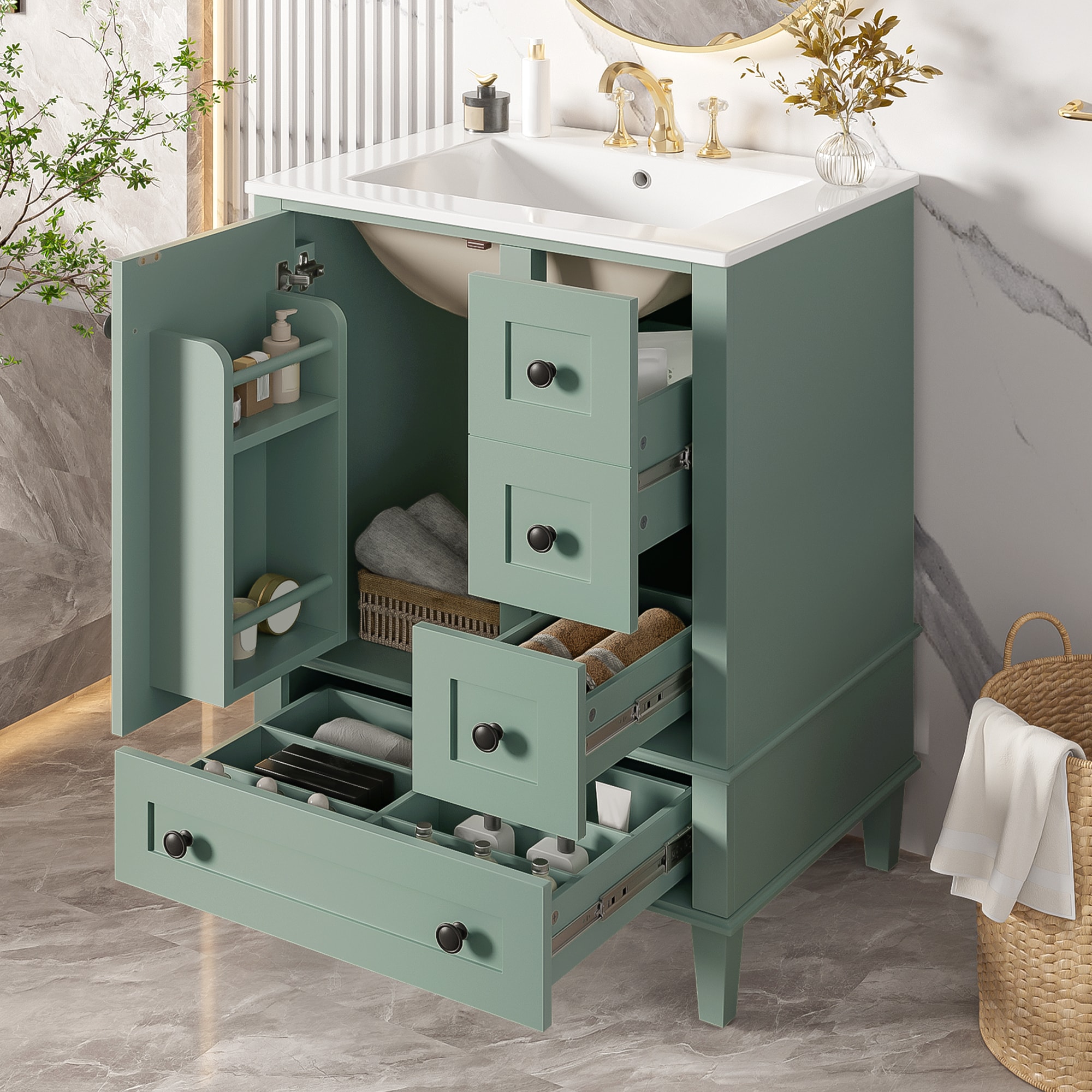 ModernLuxe - Assembly Required 24-inch light green bathroom vanity with an integrated ceramic bas...