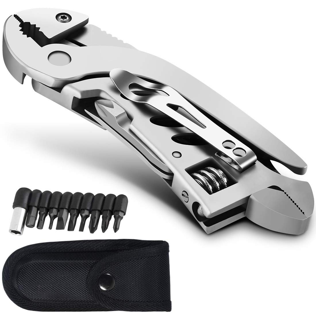 Linder Group Inc Multitool Wrench with 7 Tools Portable Folding Stainless Steel Adjustable Pliers Wire Cutter Flat and Phillips Screwdrivers Knife